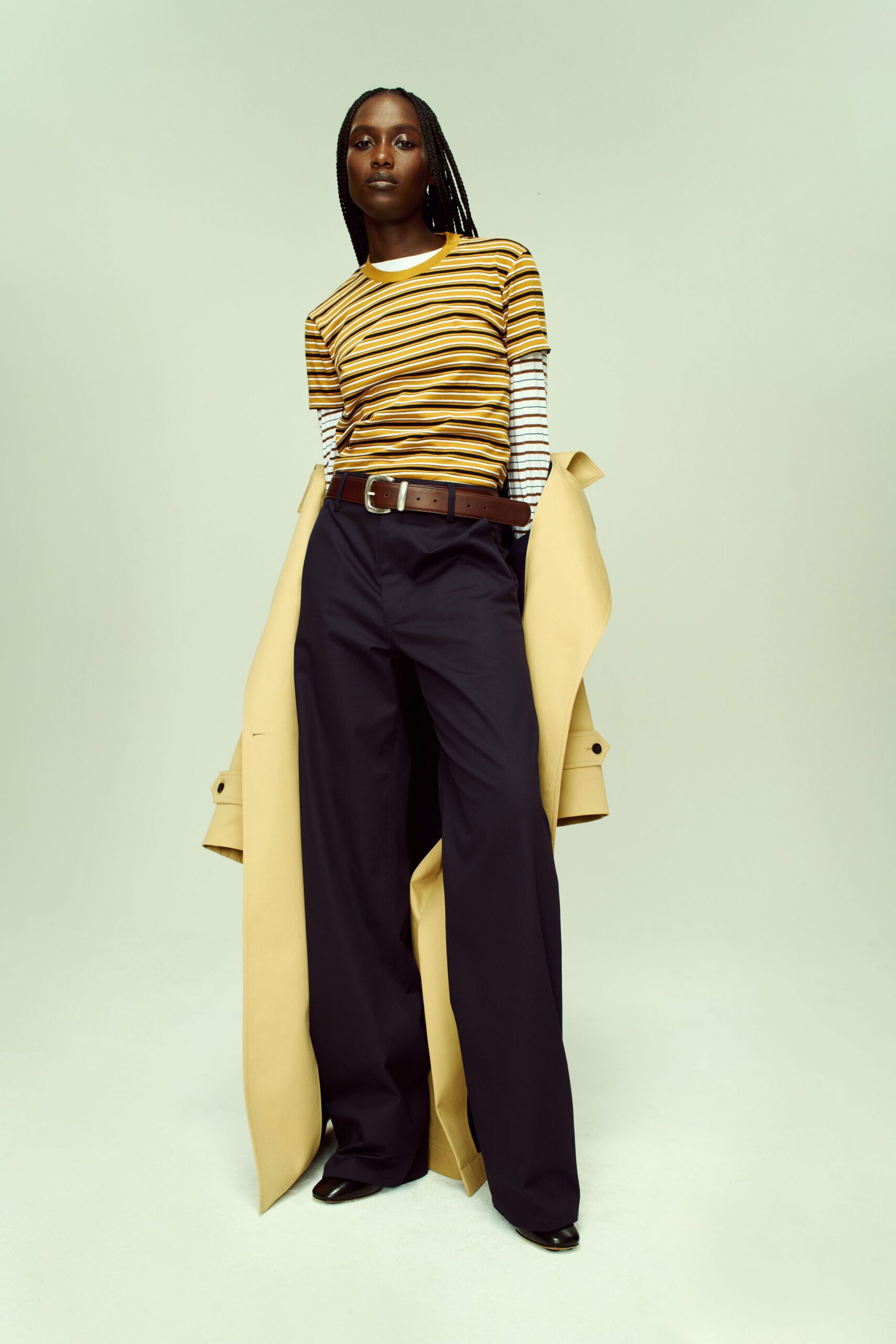 yellow cotton long-sleeve collared fitted striped t-shirt