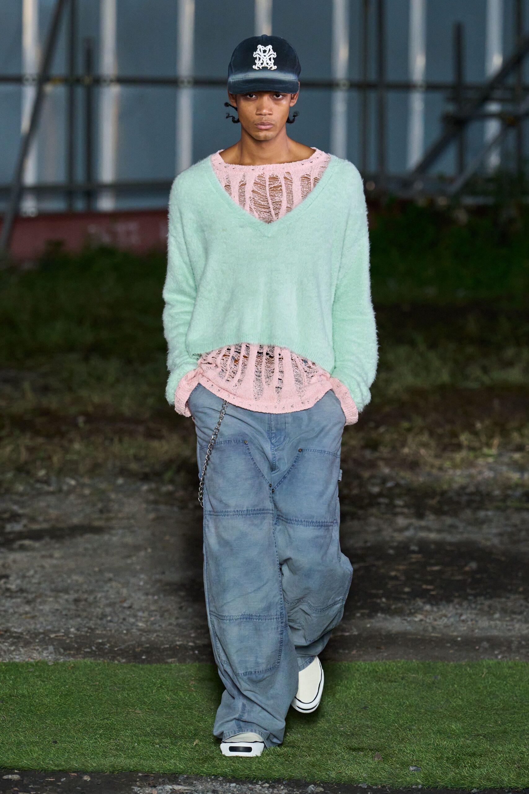 green wool long-sleeve v-neck relaxed layered sweater