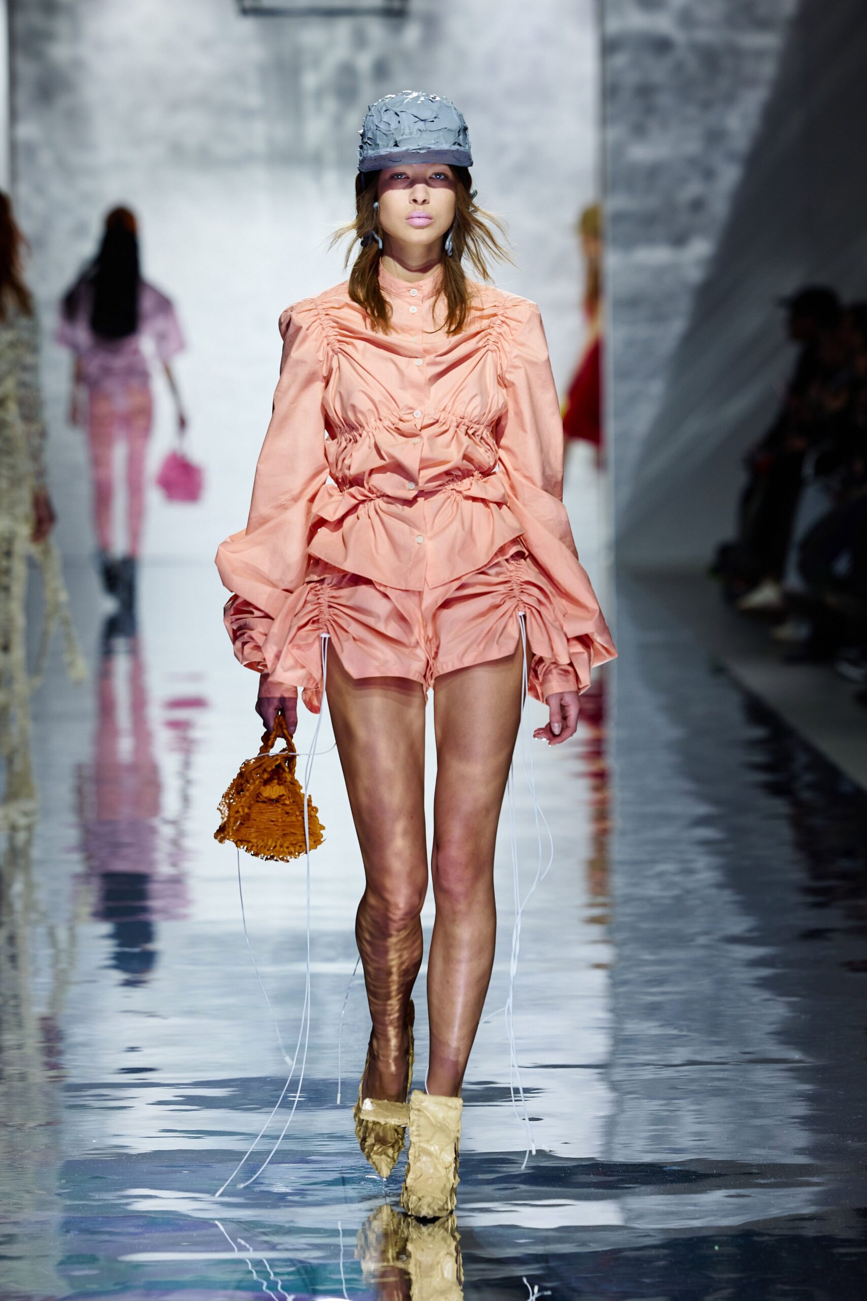 pink silk long-sleeve v-neck fitted ruffled draped dress