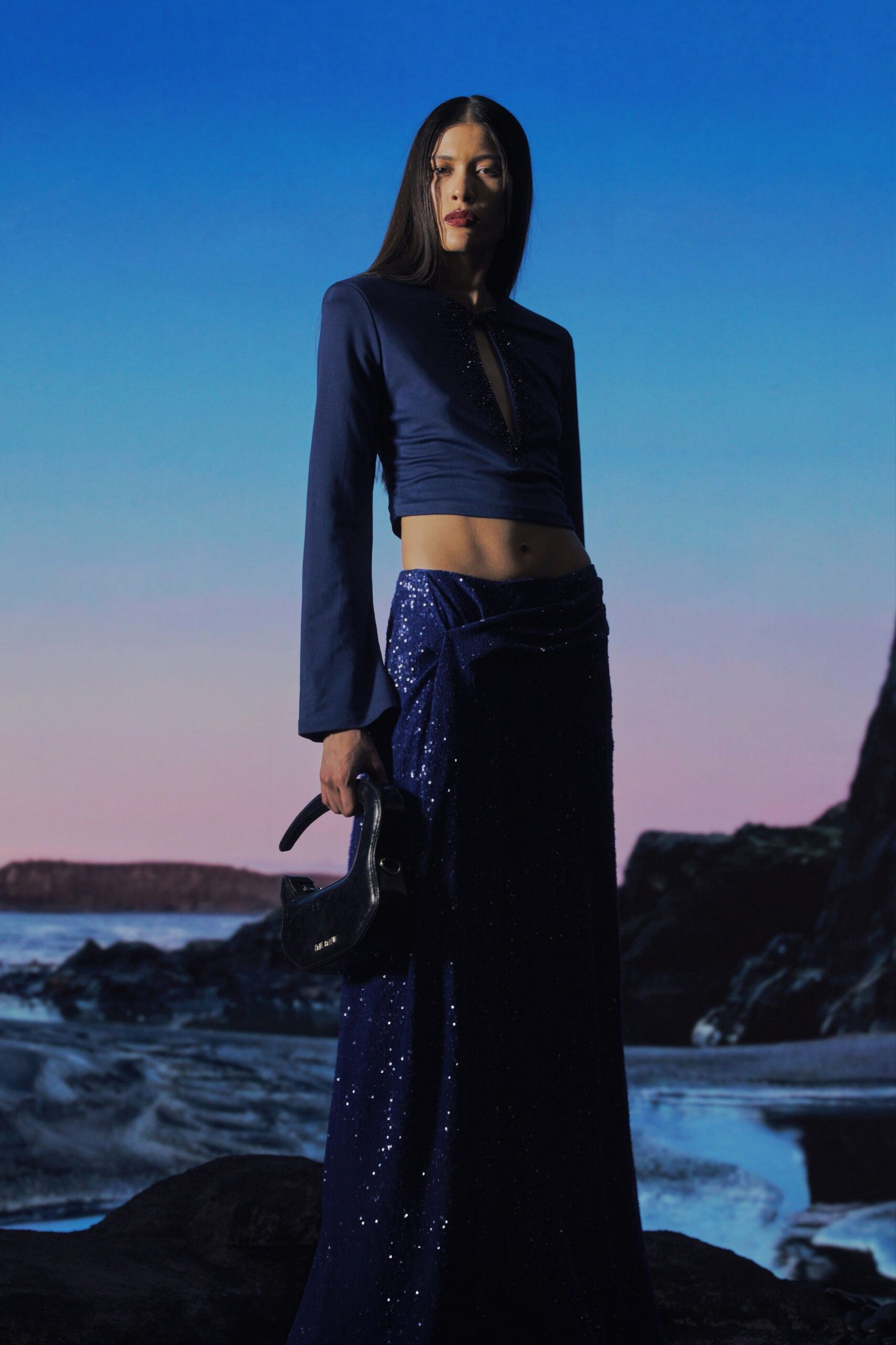 blue satin fitted high-waisted pleated shiny maxi skirt