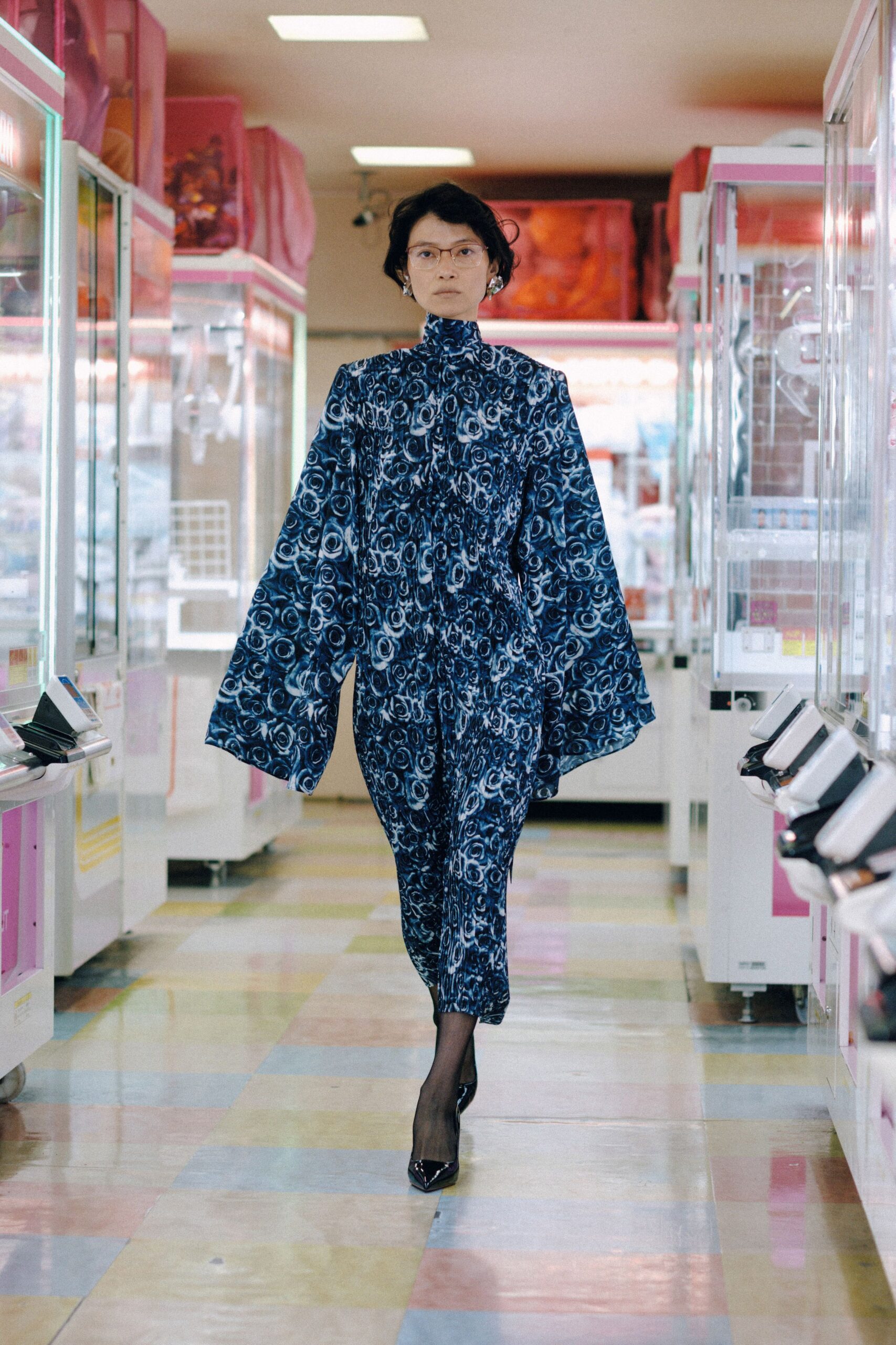 blue printed silk jumpsuit