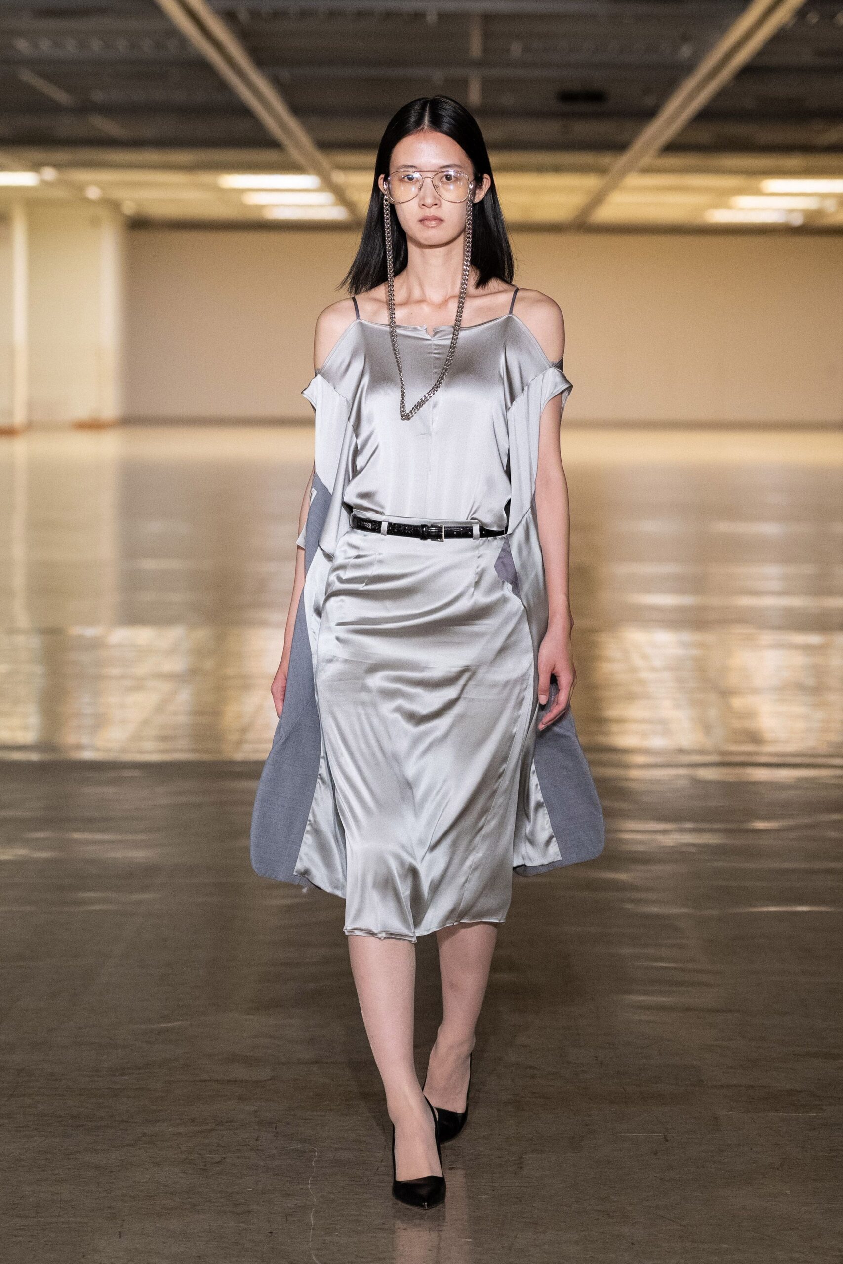 gray silk sleeveless off-shoulder fitted draped midi dress