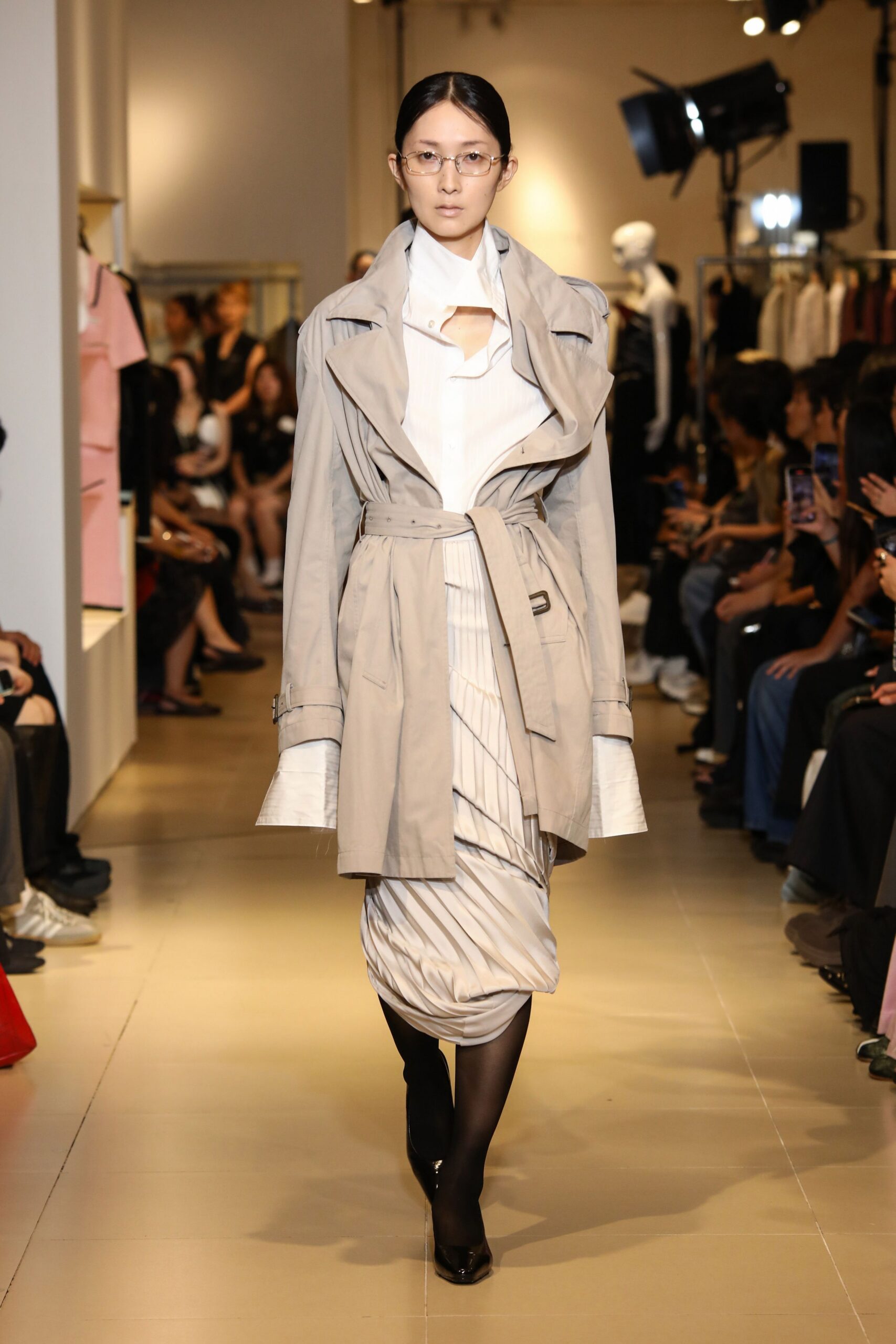 beige cotton long-sleeve collared tailored belted trench