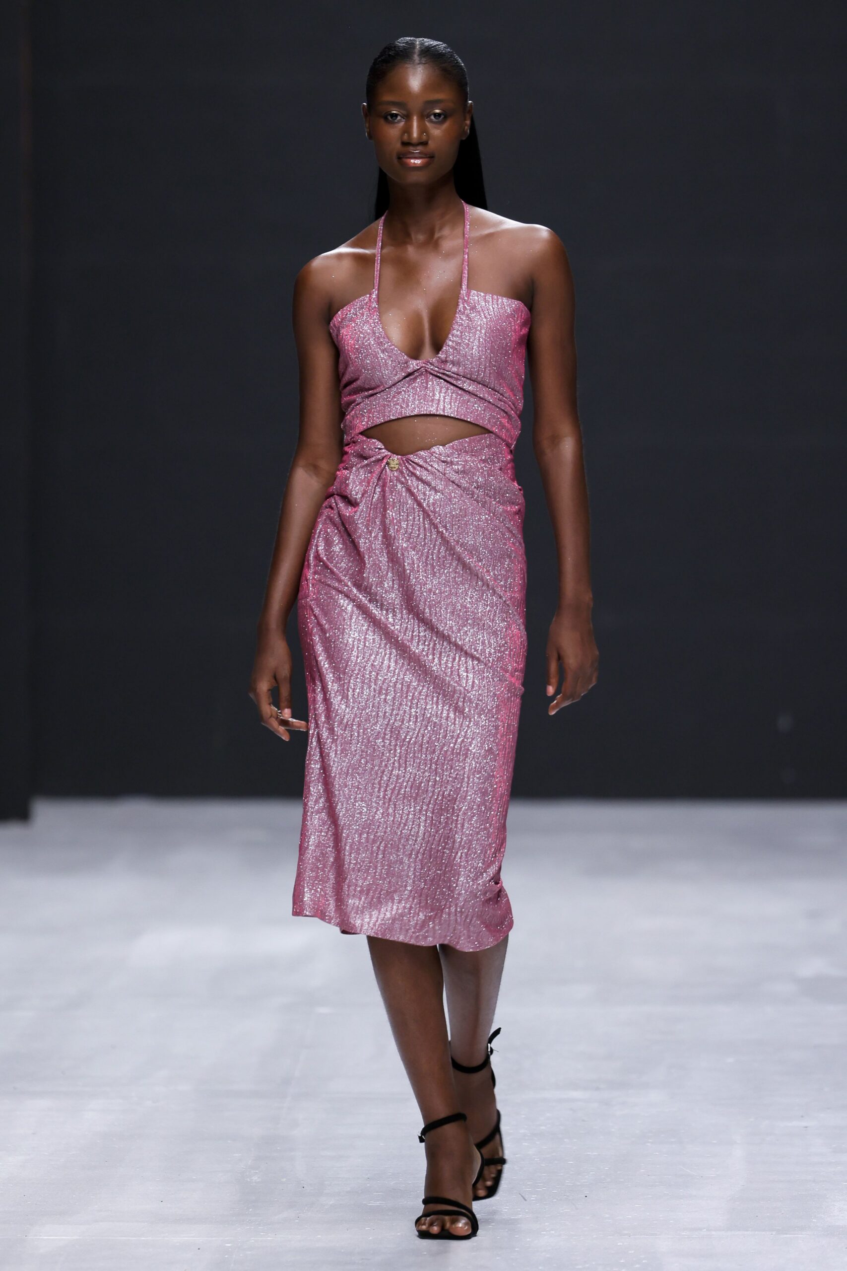 fitted pink midi dress