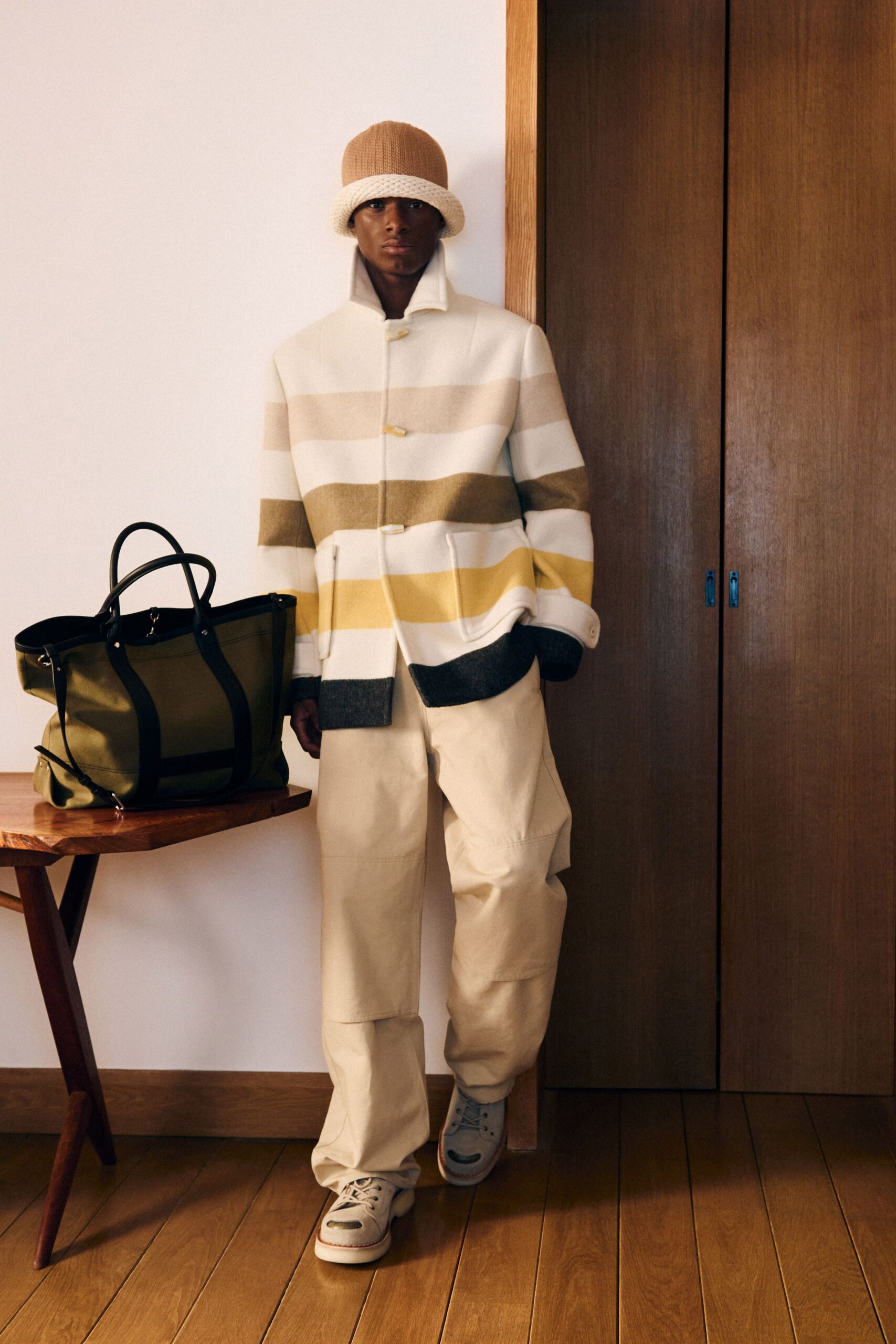 white wool long-sleeve collared relaxed striped coat