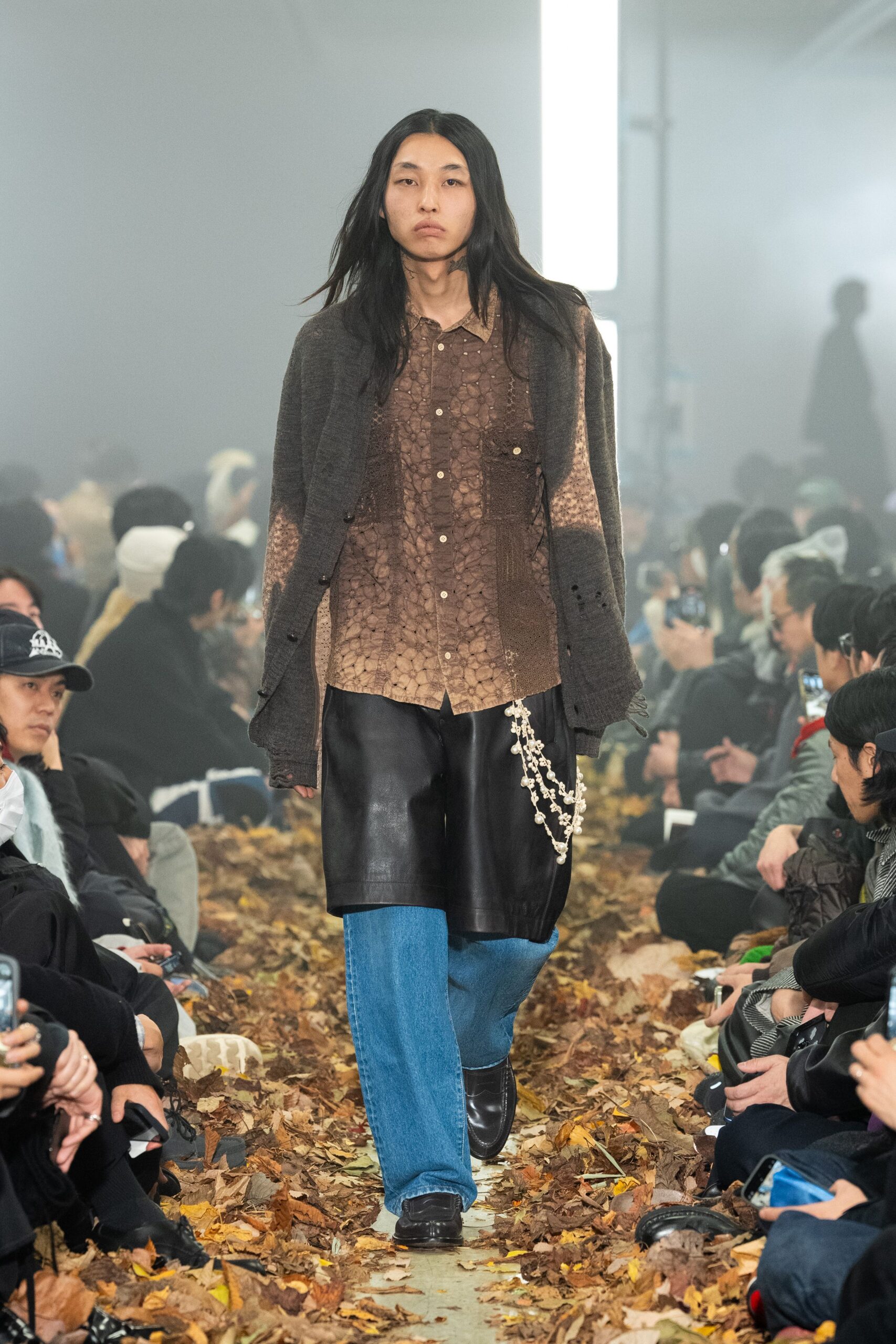 brown printed shirt black leather pants
