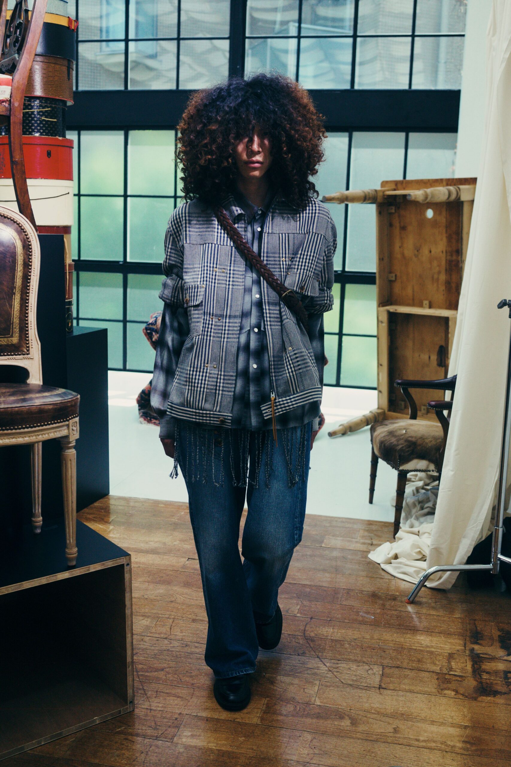 gray checked jacket with denim pants