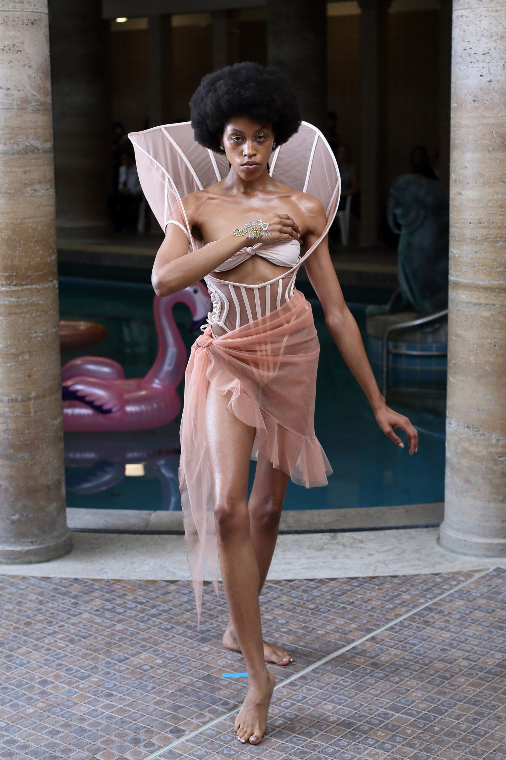 beige pink sheer layered dress