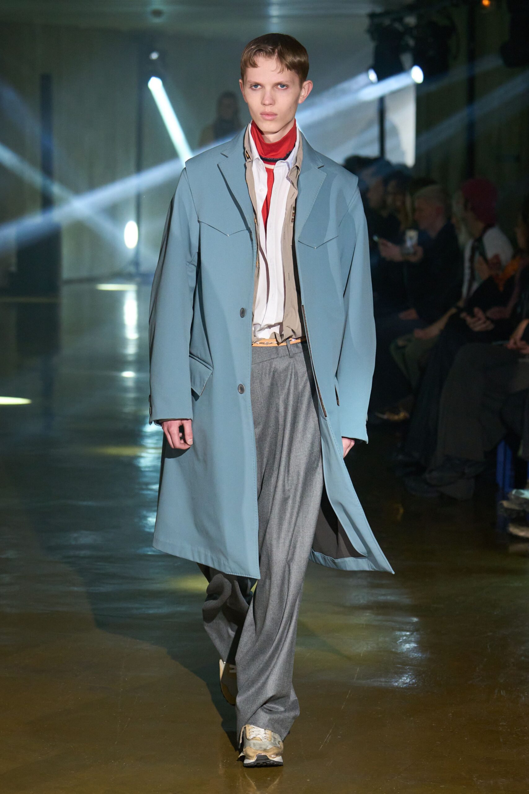 blue coat with gray pants