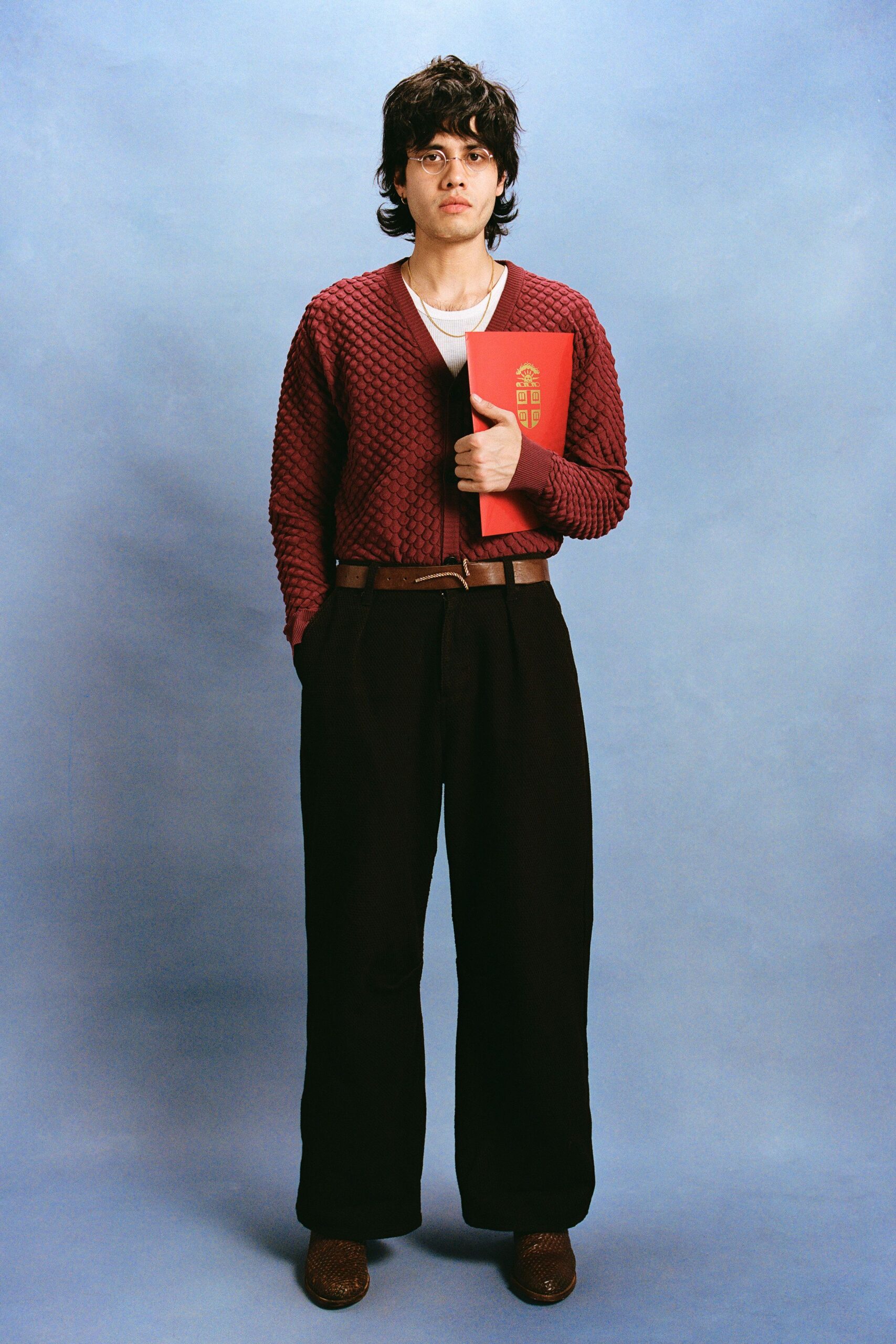 red cotton long-sleeve v-neck relaxed textured cardigan
