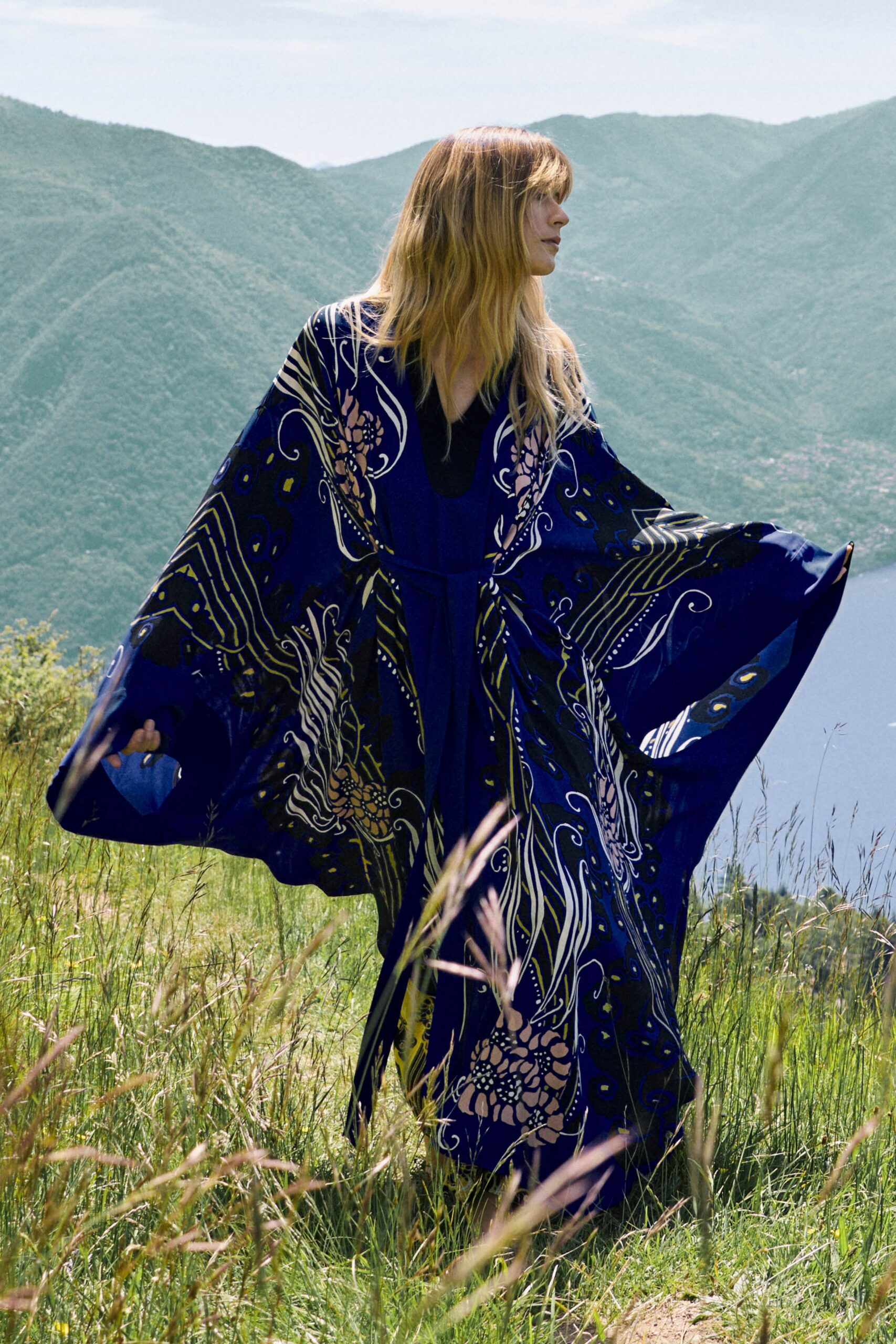 blue printed silk cape