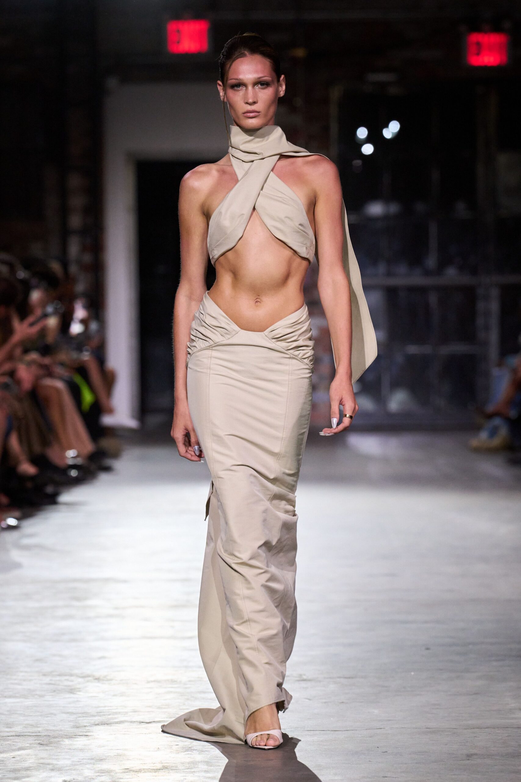 beige silk fitted gown