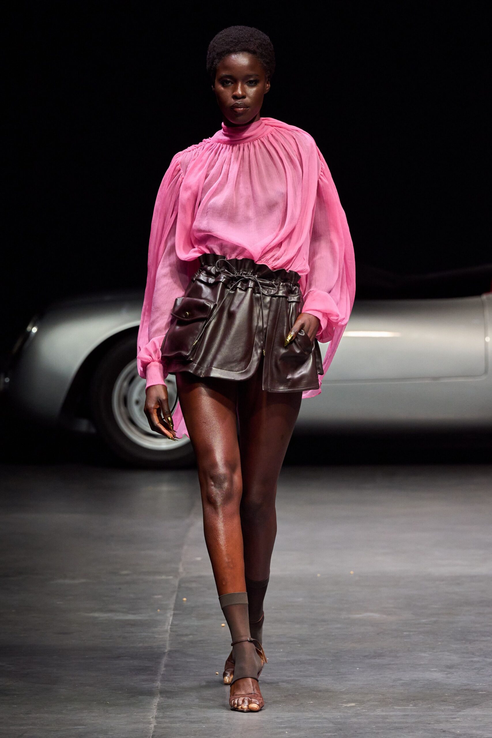 pink chiffon long-sleeve high-neck relaxed pleated sheer blouse