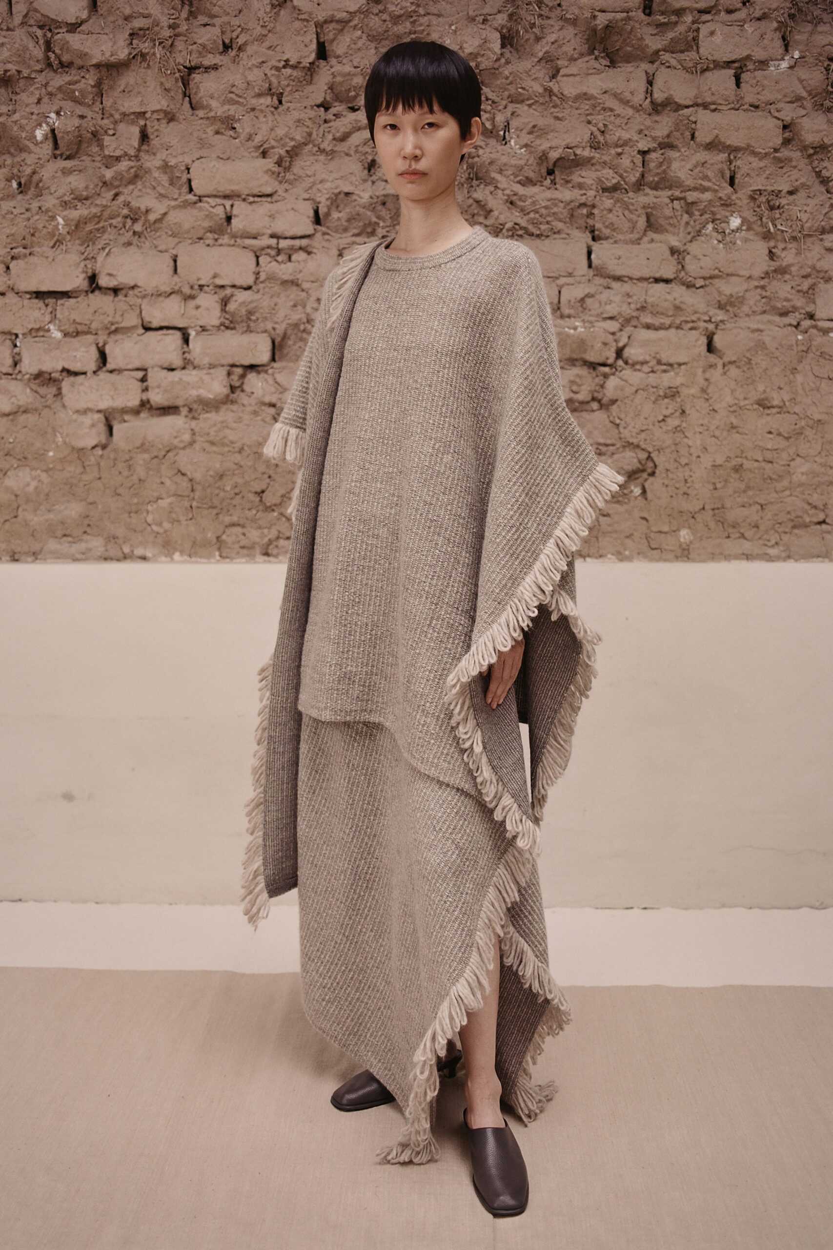 gray wool sleeveless fitted maxi dress