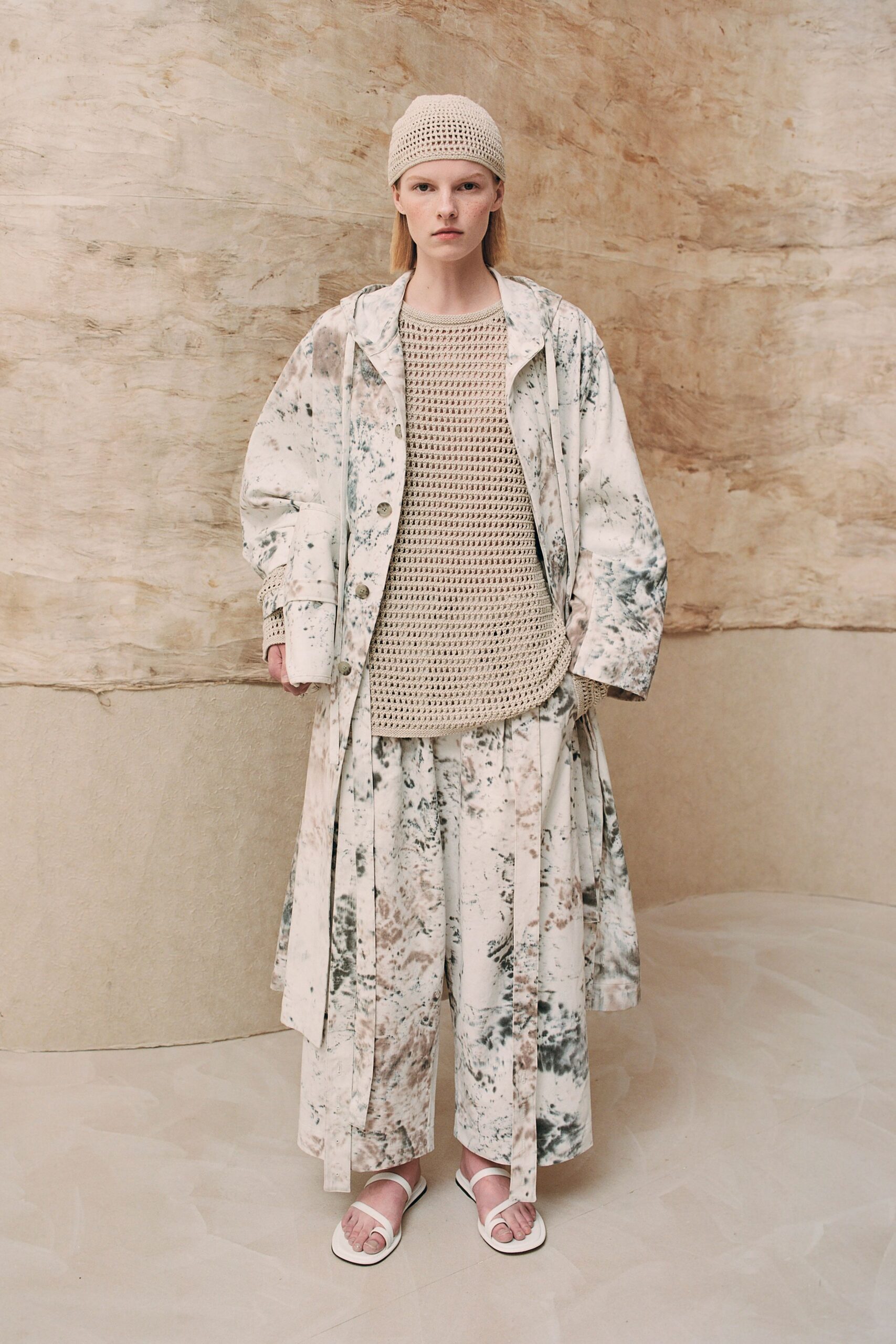 relaxed printed coat with crochet top