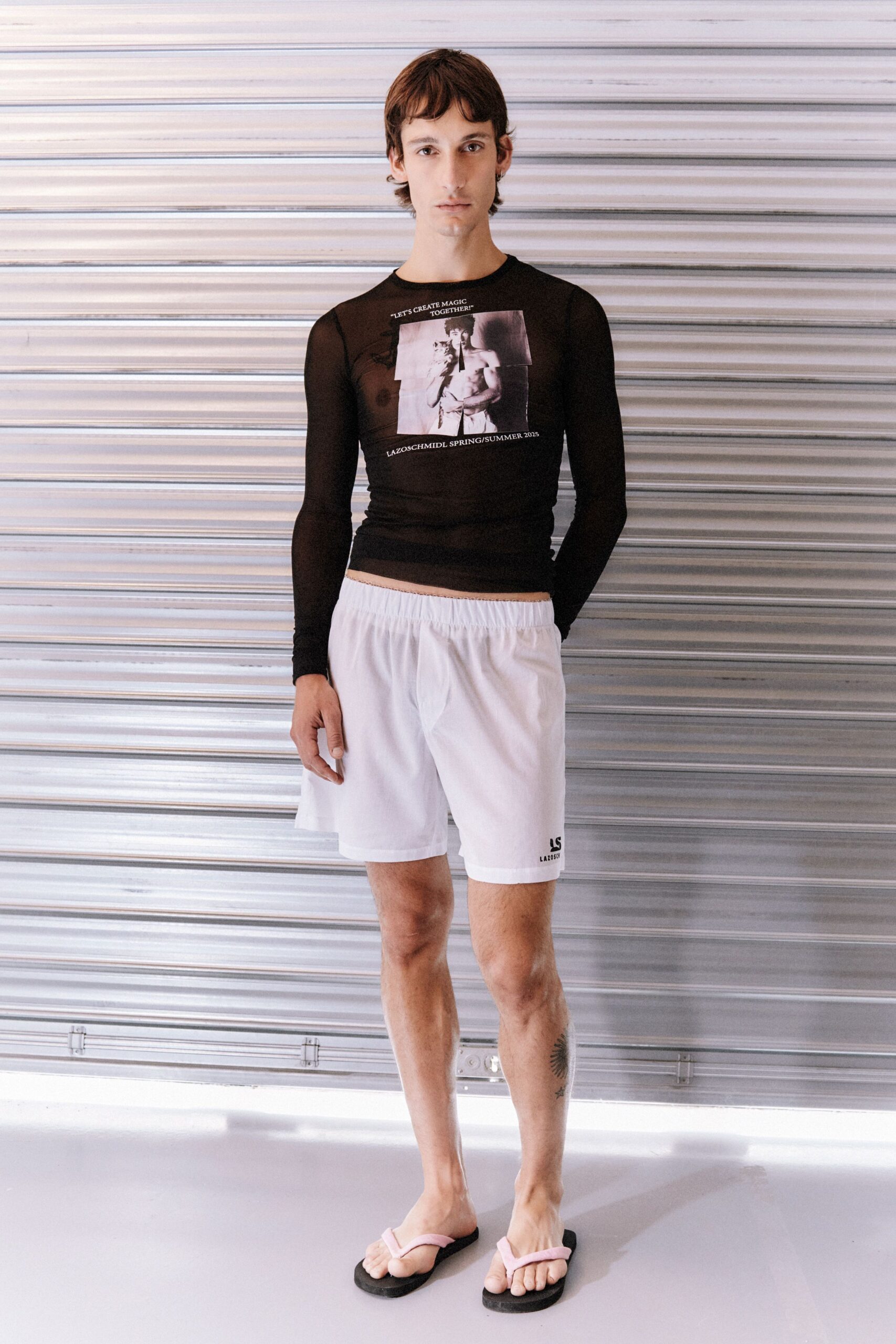 black mesh long-sleeve collared fitted printed sheer top