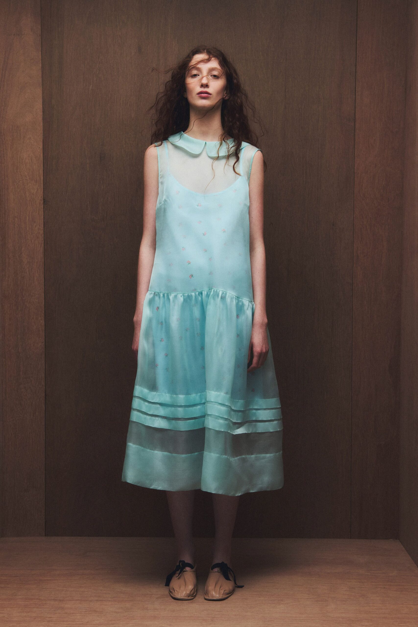 blue silk sleeveless collared fitted tiered sheer dress