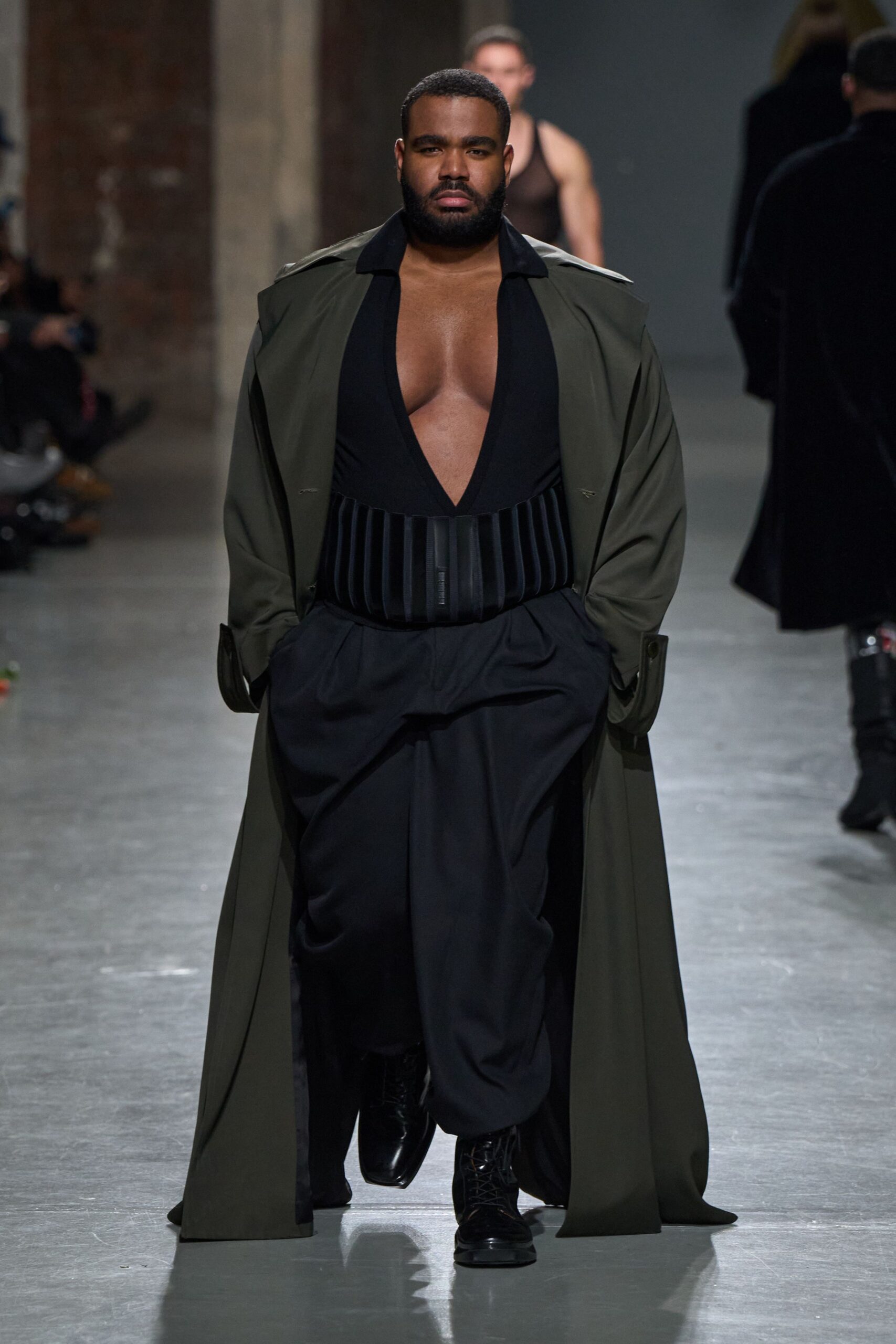 green wool long-sleeve collared relaxed belted maxi coat