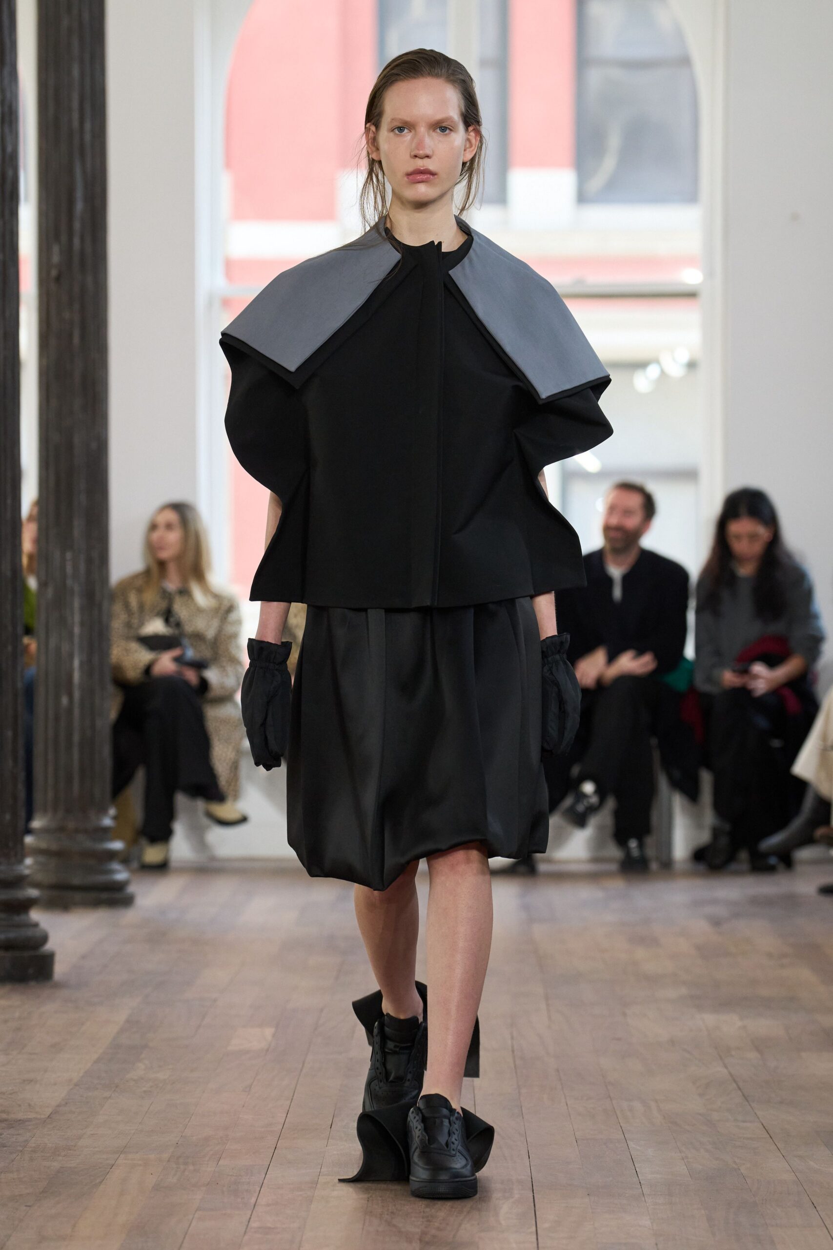 black silk short-sleeve collared relaxed layered top