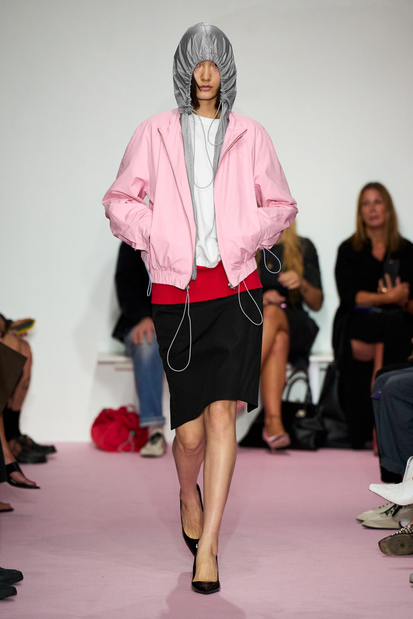 pink vinyl hooded long-sleeve relaxed jacket