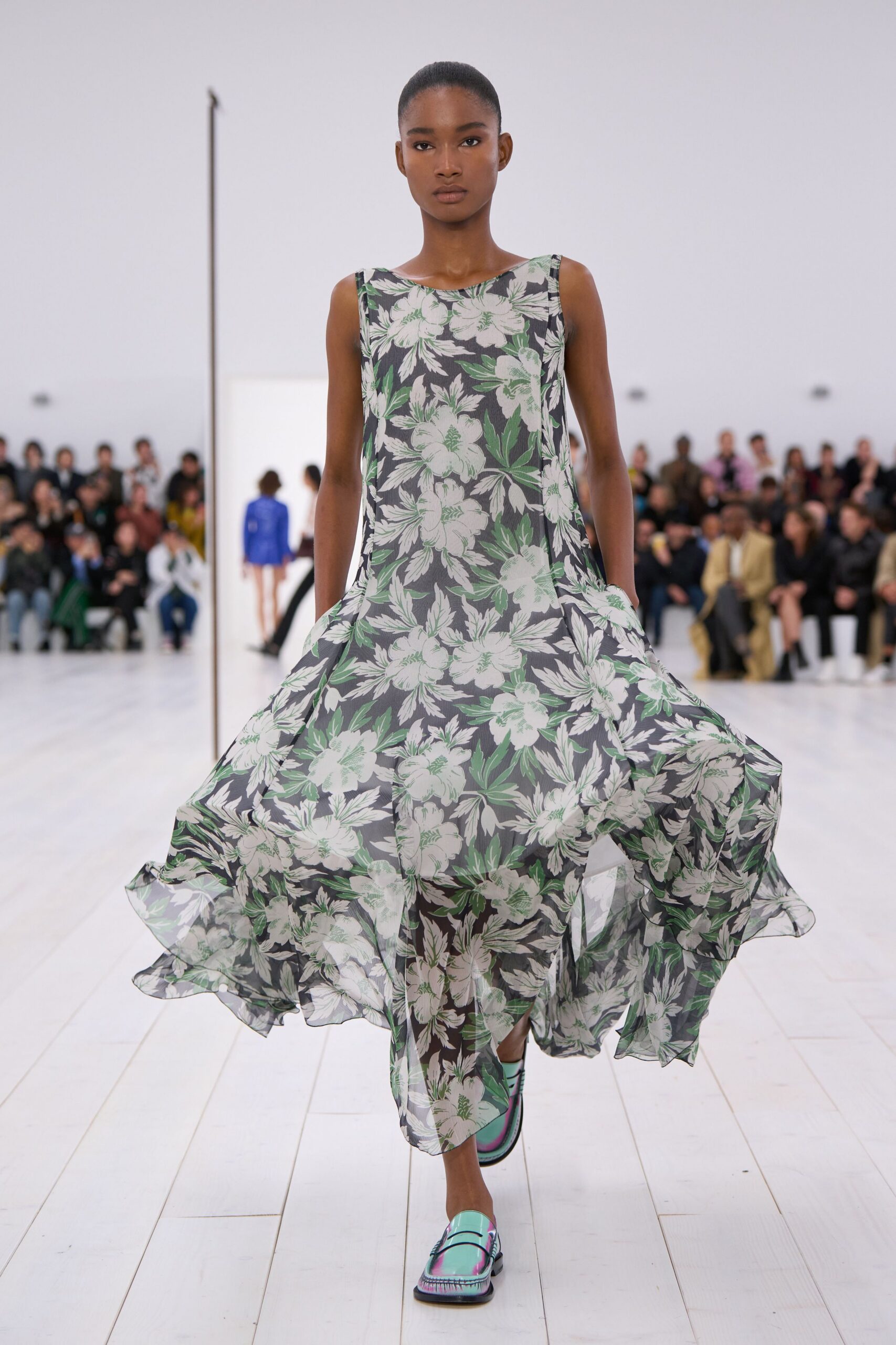 green chiffon sleeveless v-neck relaxed floral flared dress