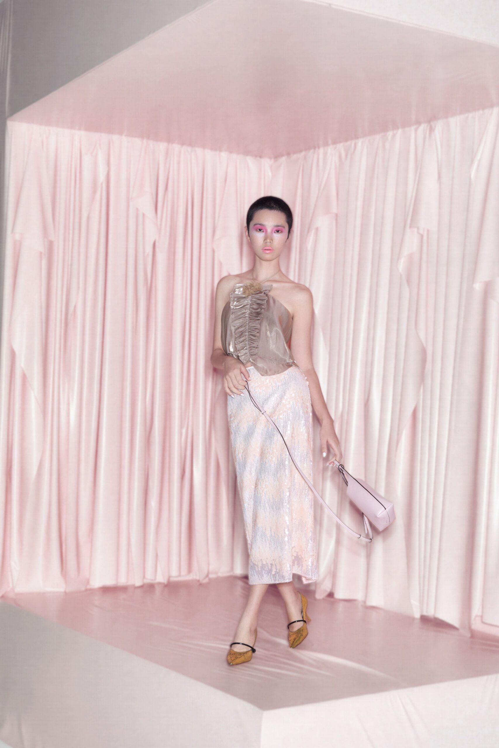 pink silk fitted pleated shiny midi skirt