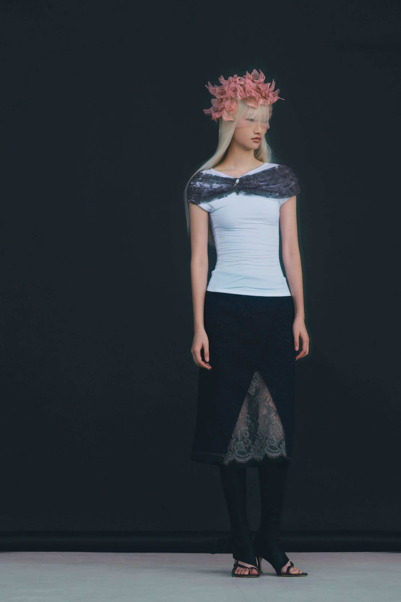 white fitted top with black skirt