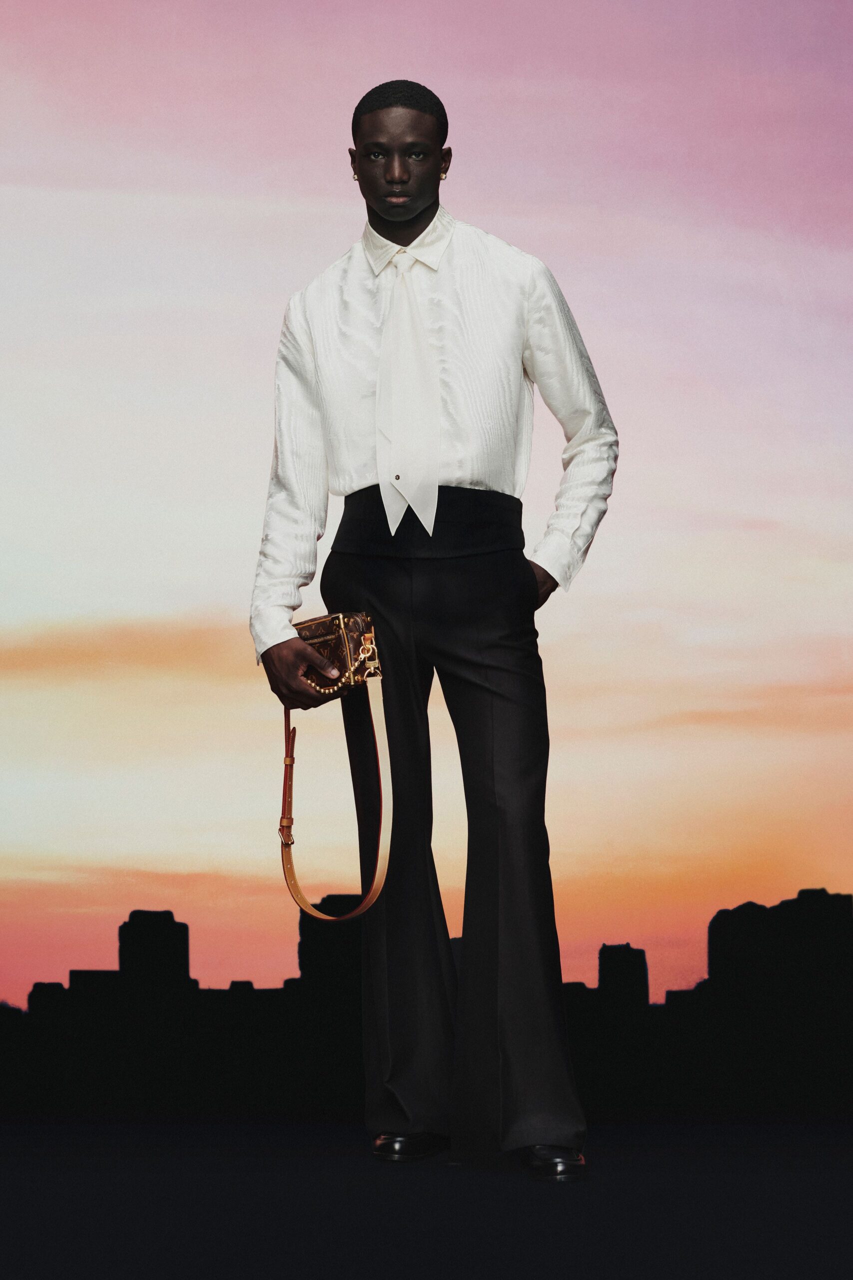 white fitted shirt black flared pants