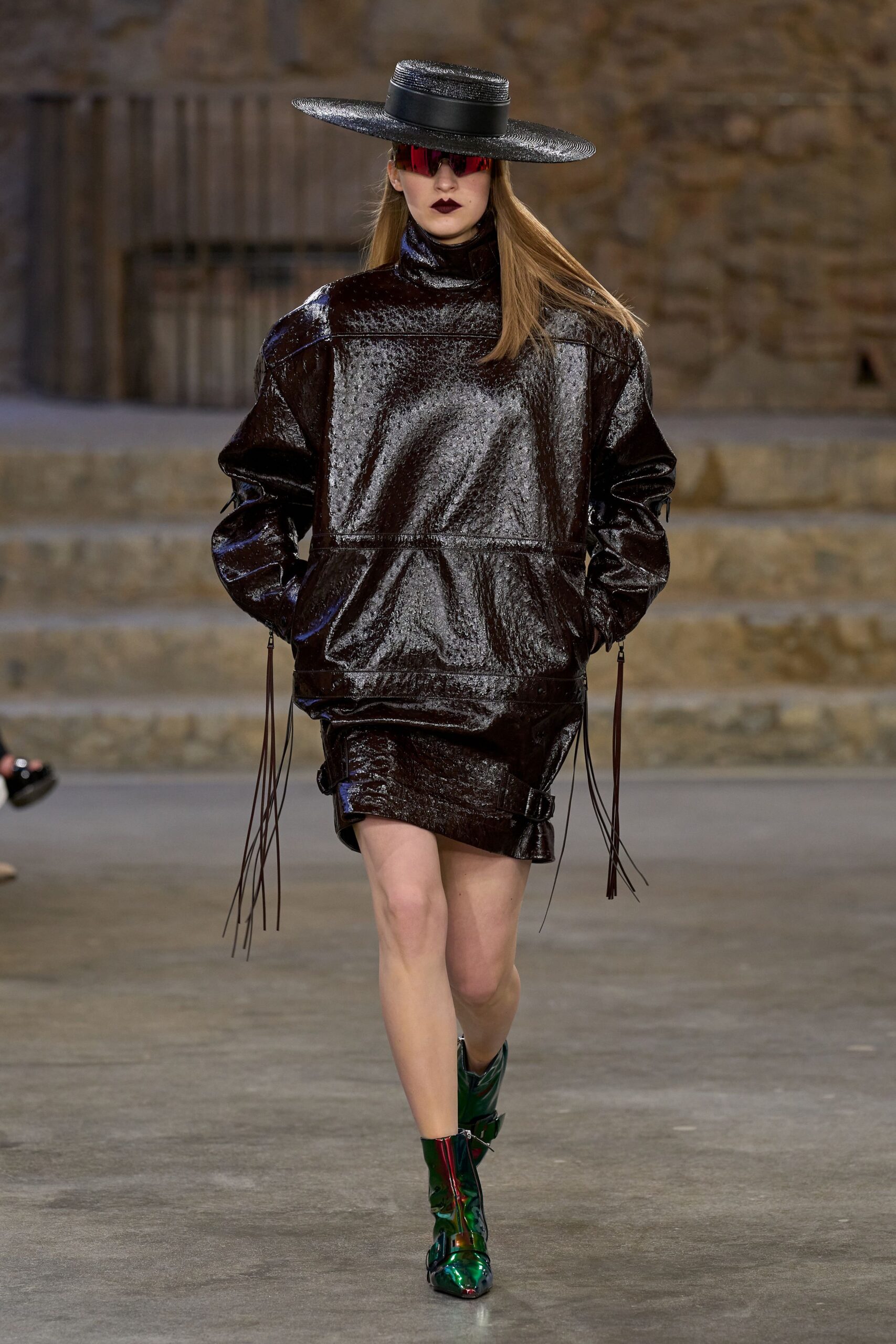 black vinyl long-sleeve collared oversized fringed shiny dress