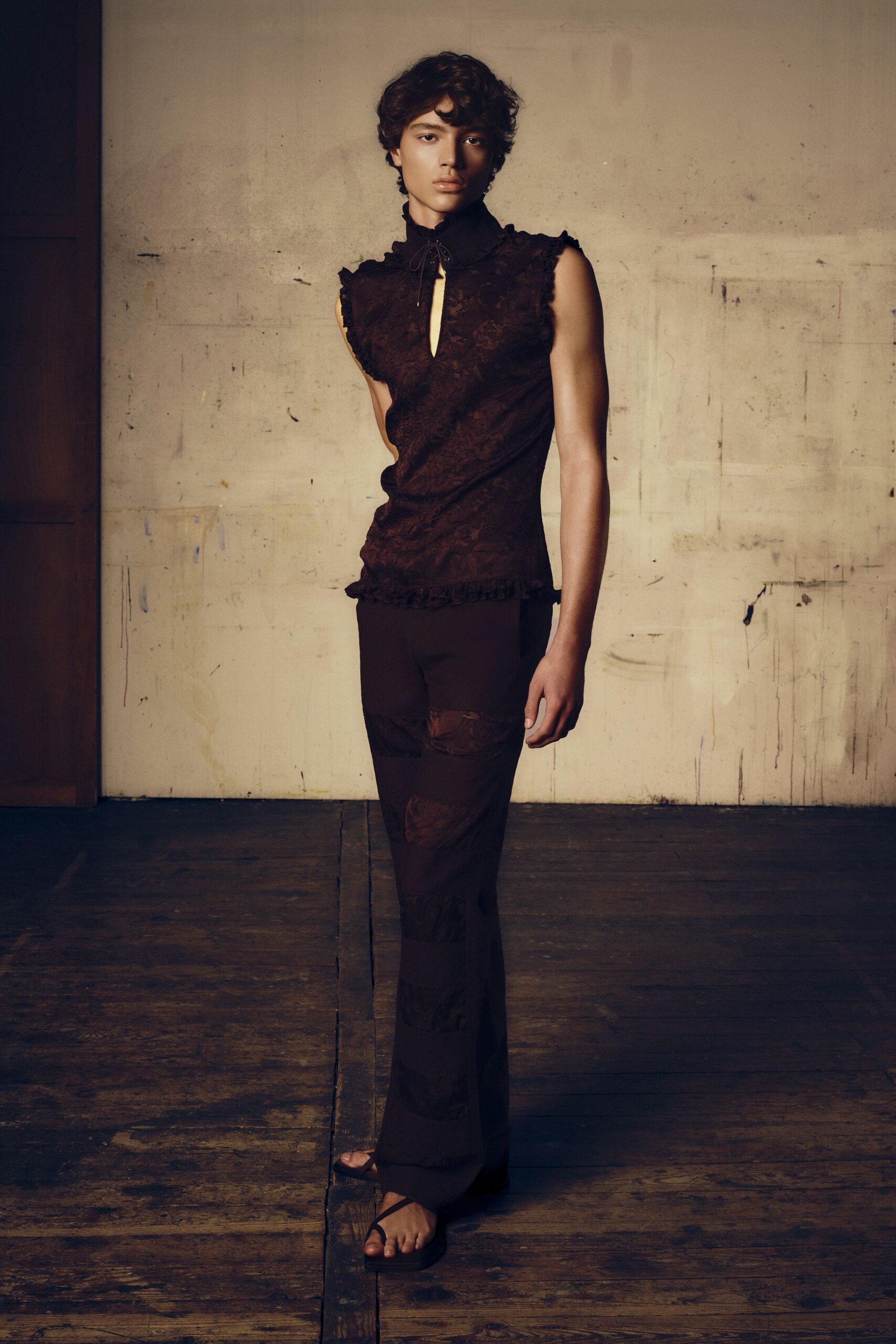 brown silk sleeveless high-neck fitted ruffled top