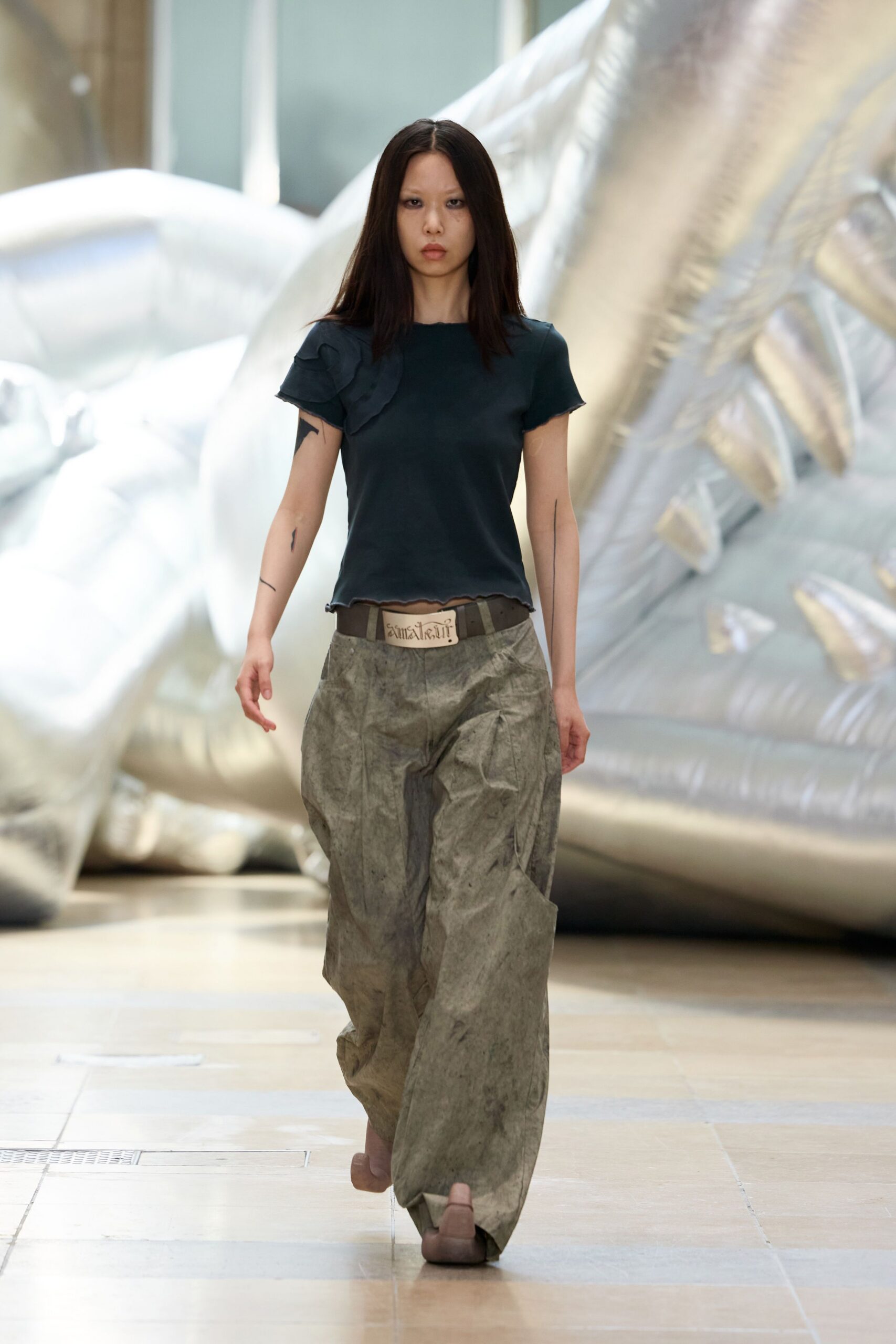 black fitted top gray relaxed pants