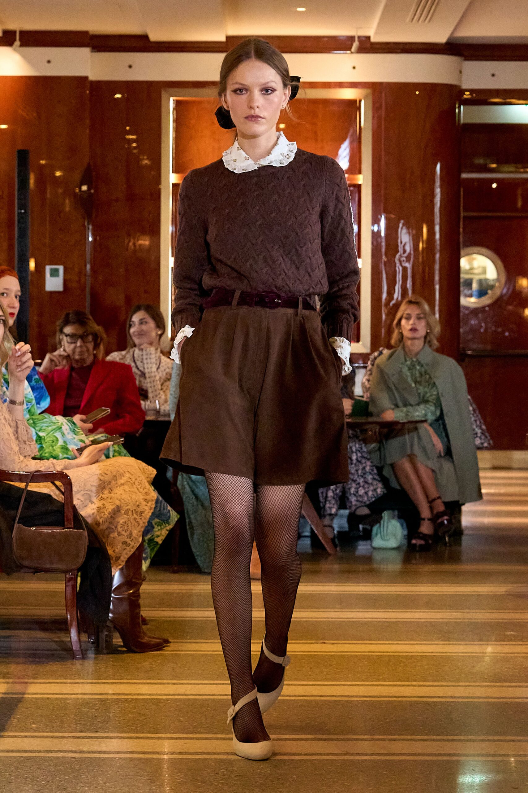 brown cotton long-sleeve collared fitted ribbed top