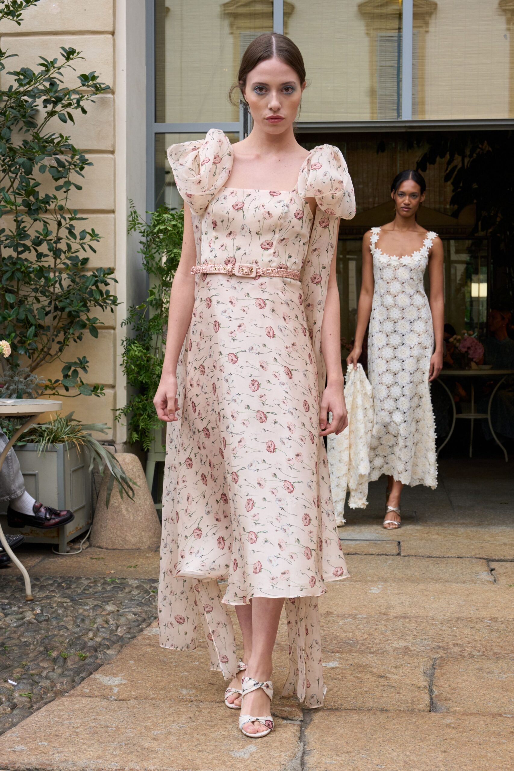 pink floral chiffon midi dress