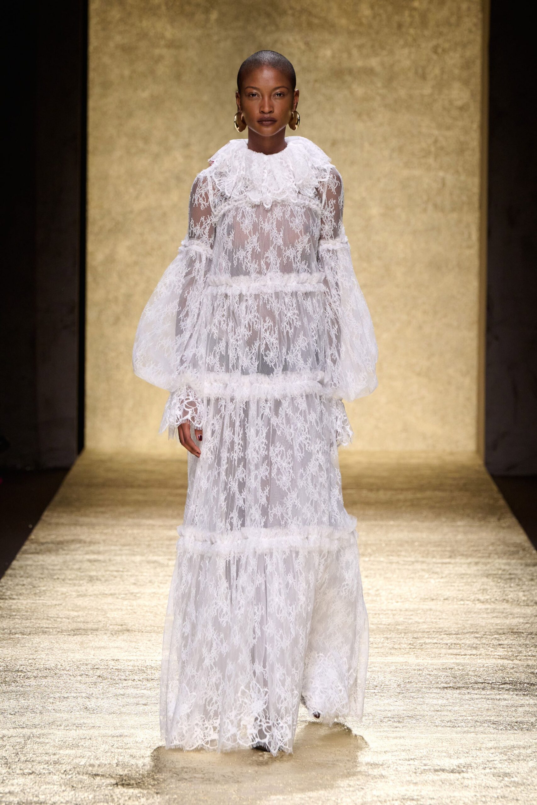 white lace long-sleeve gown