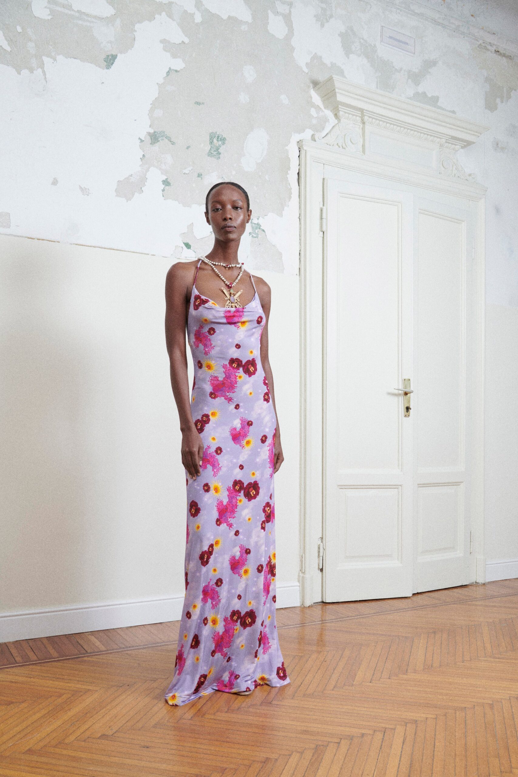 floral silk fitted gown
