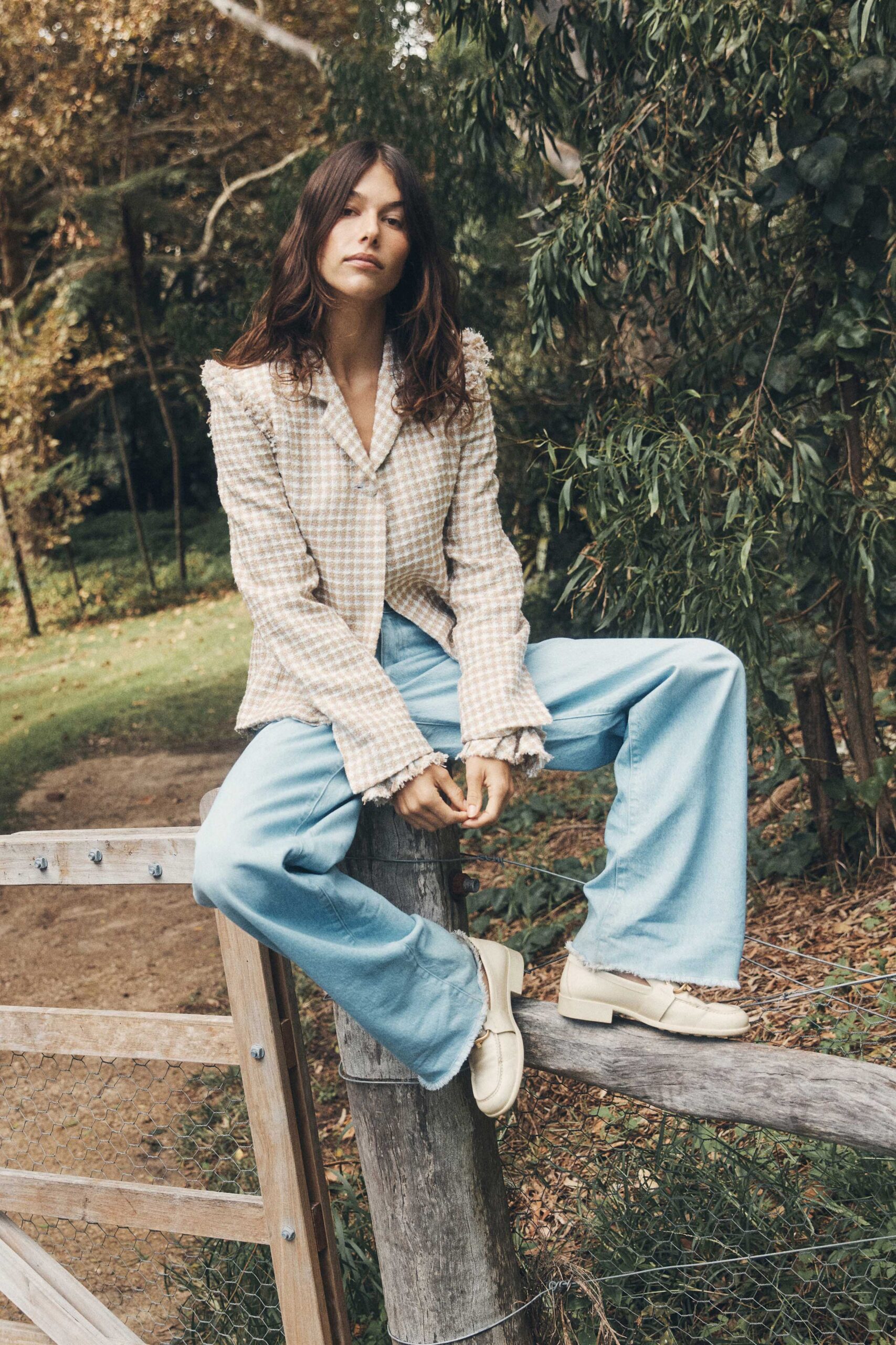 beige cotton long-sleeve collared relaxed checked ruffled blazer