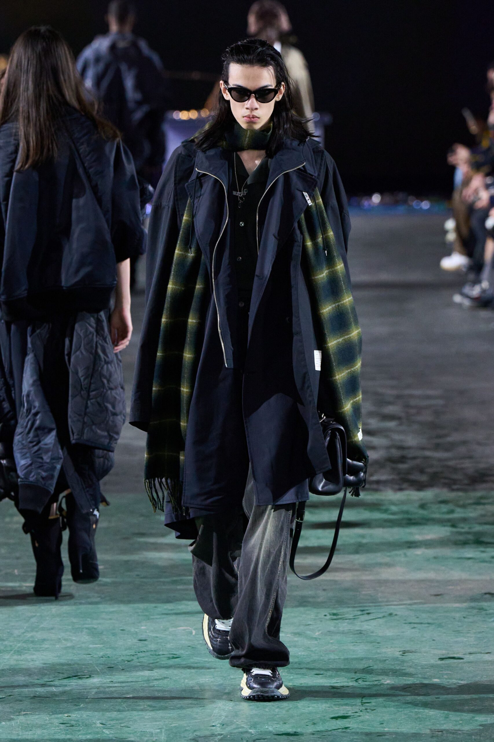 black relaxed coat with scarf
