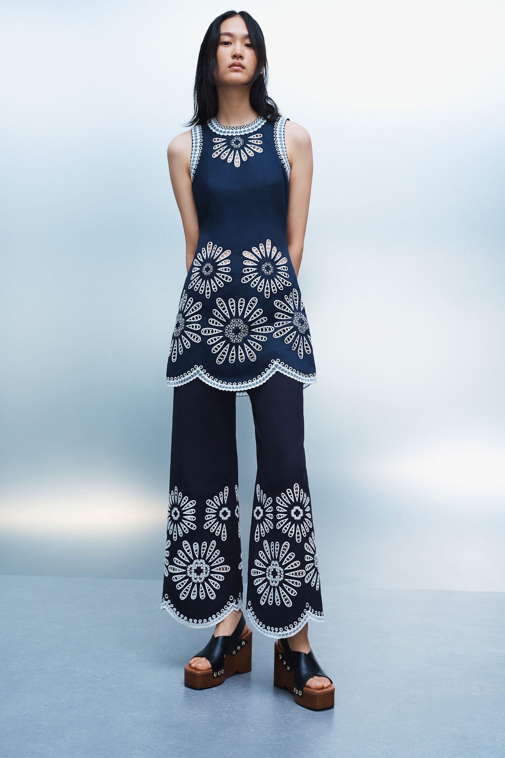blue cotton sleeveless high-neck relaxed embroidered layered top