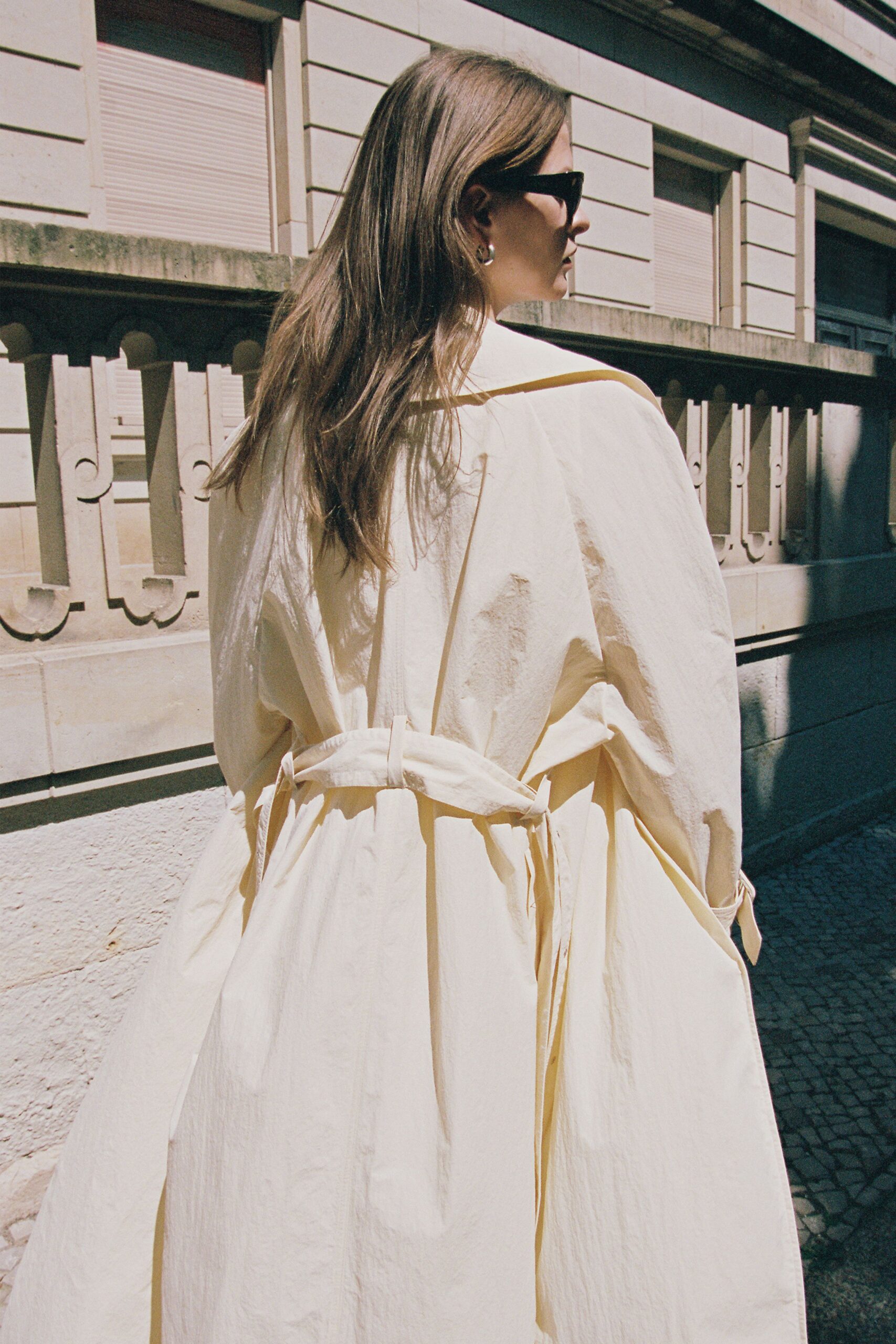 yellow cotton long-sleeve collared relaxed belted maxi coat