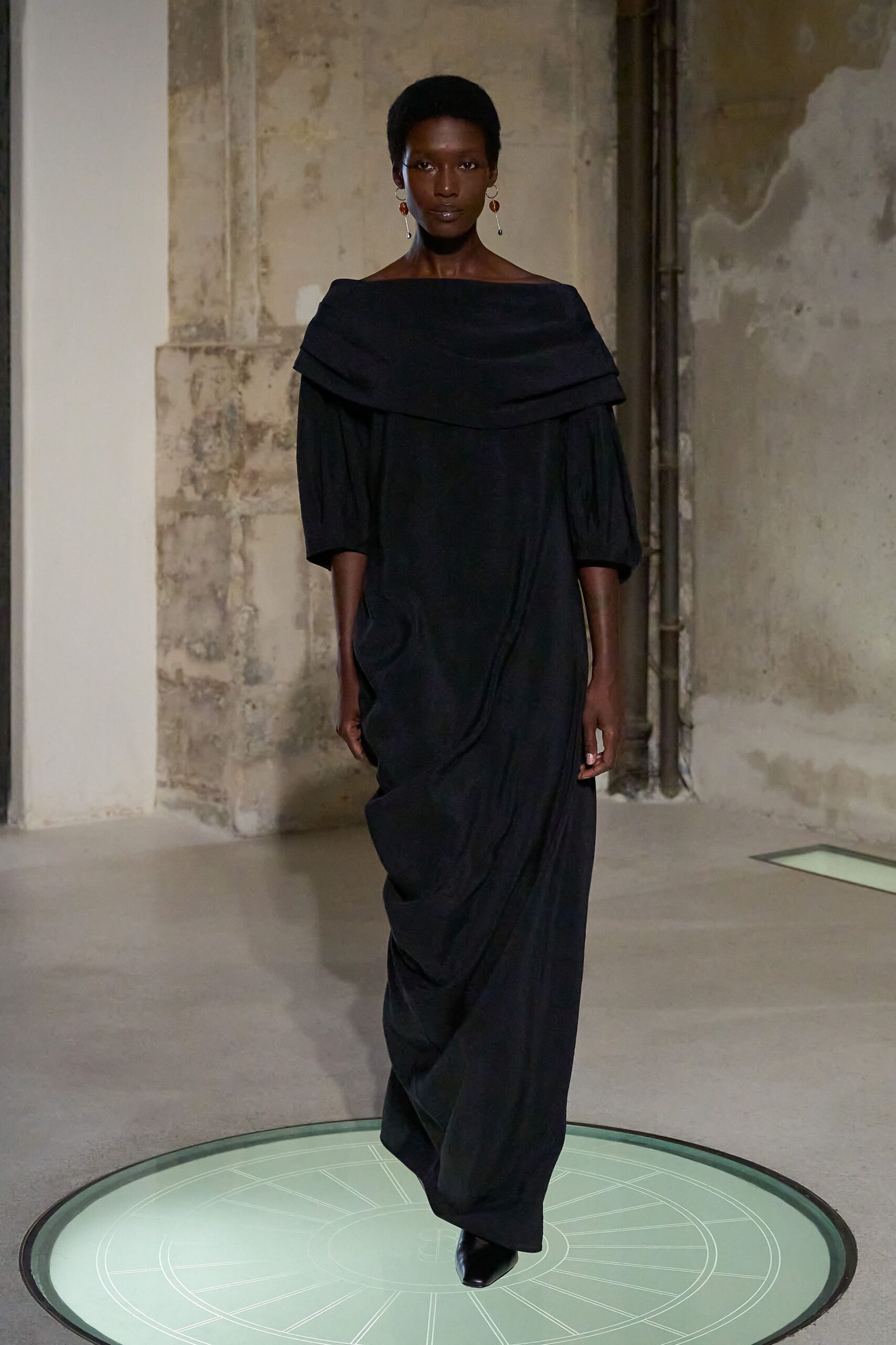 black silk off-shoulder gown