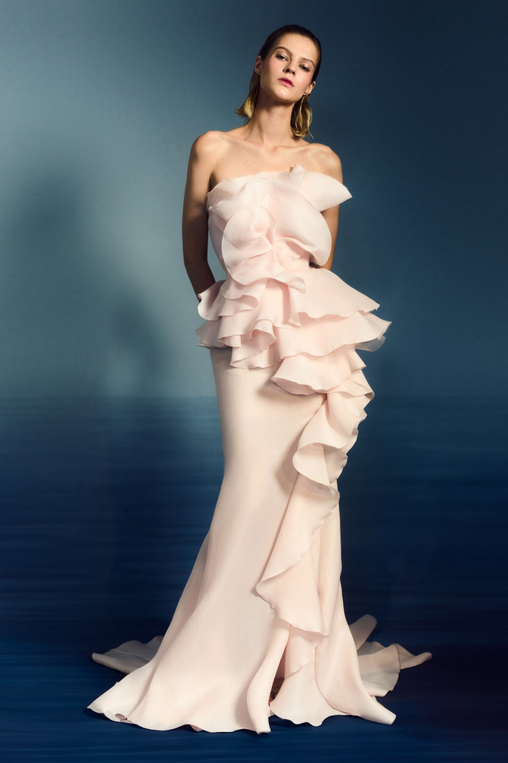 pink silk strapless gown