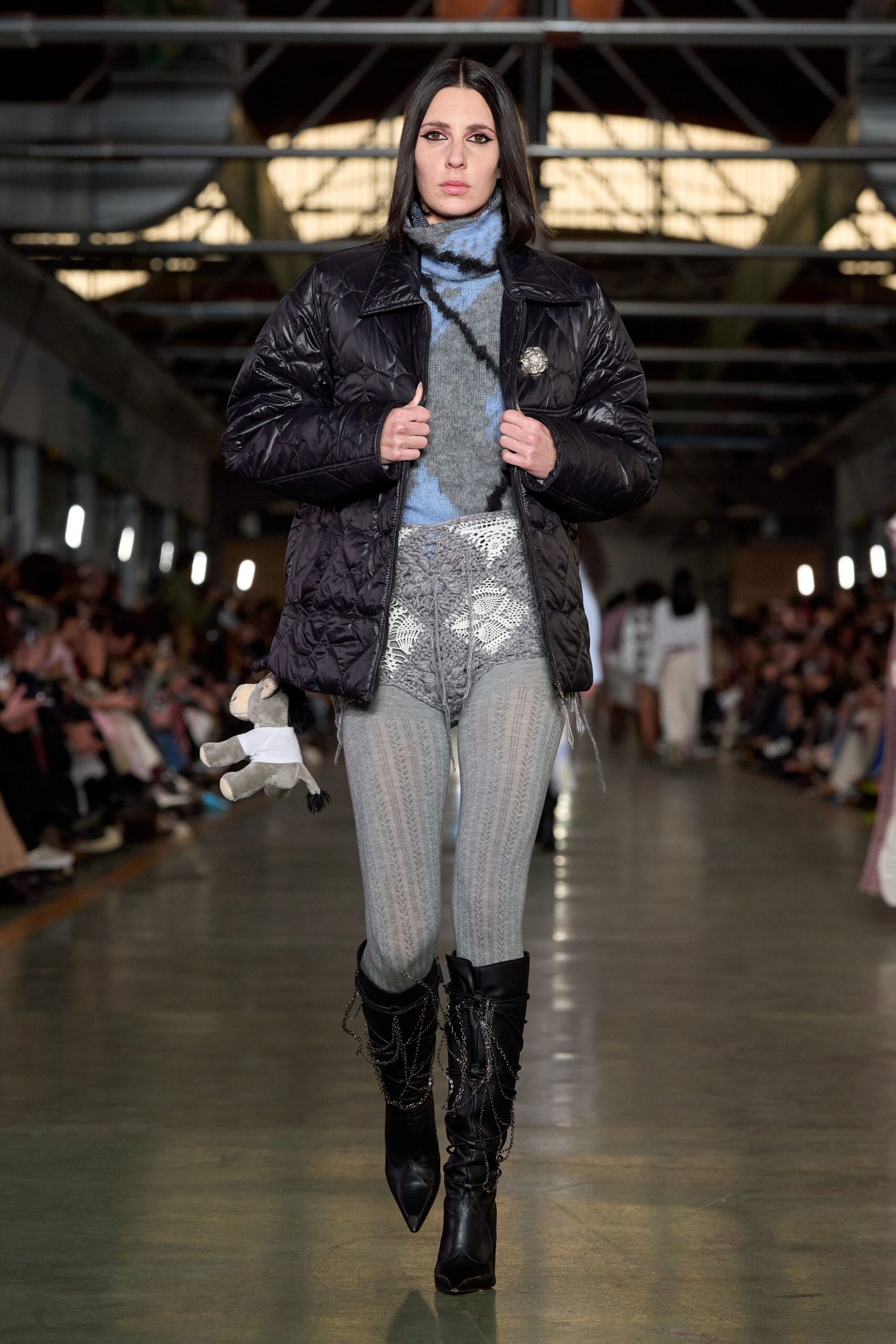 gray metallic fitted zippered shiny shorts