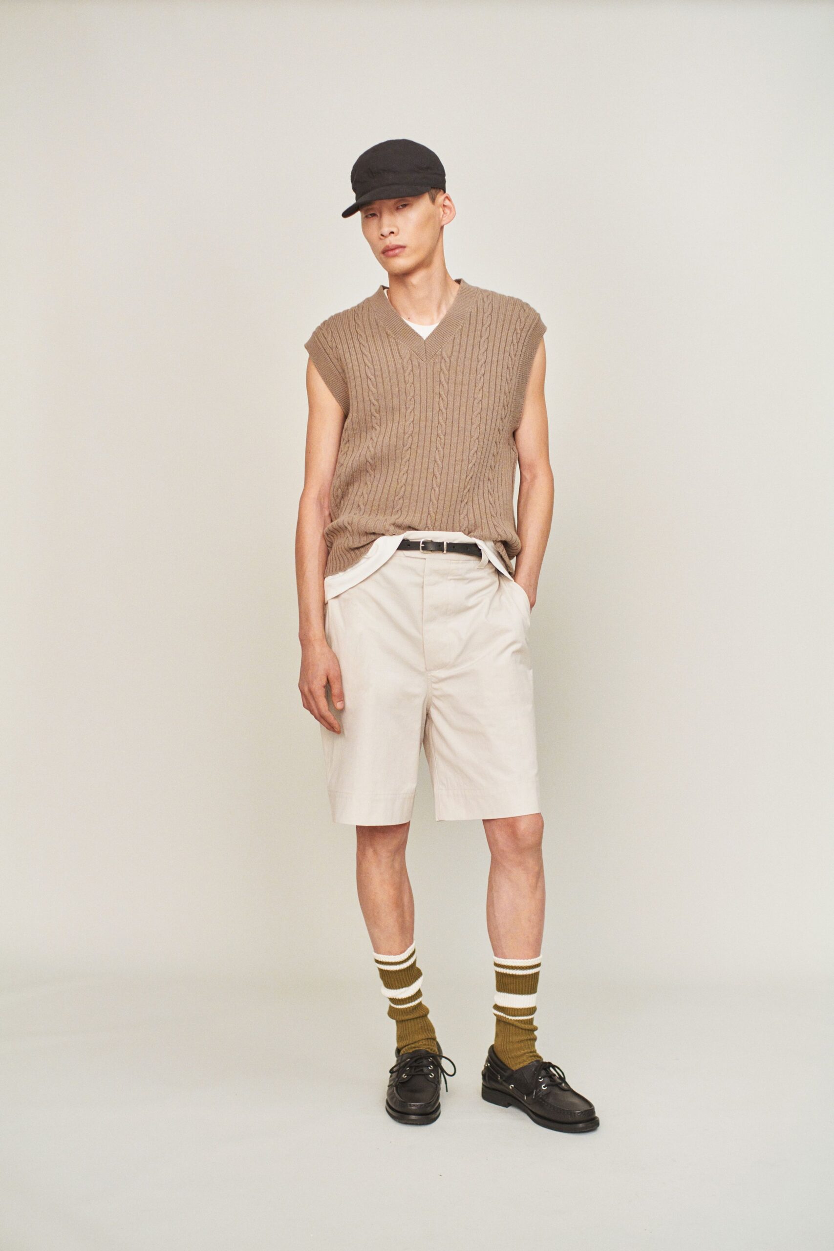 beige knit sleeveless top with shorts