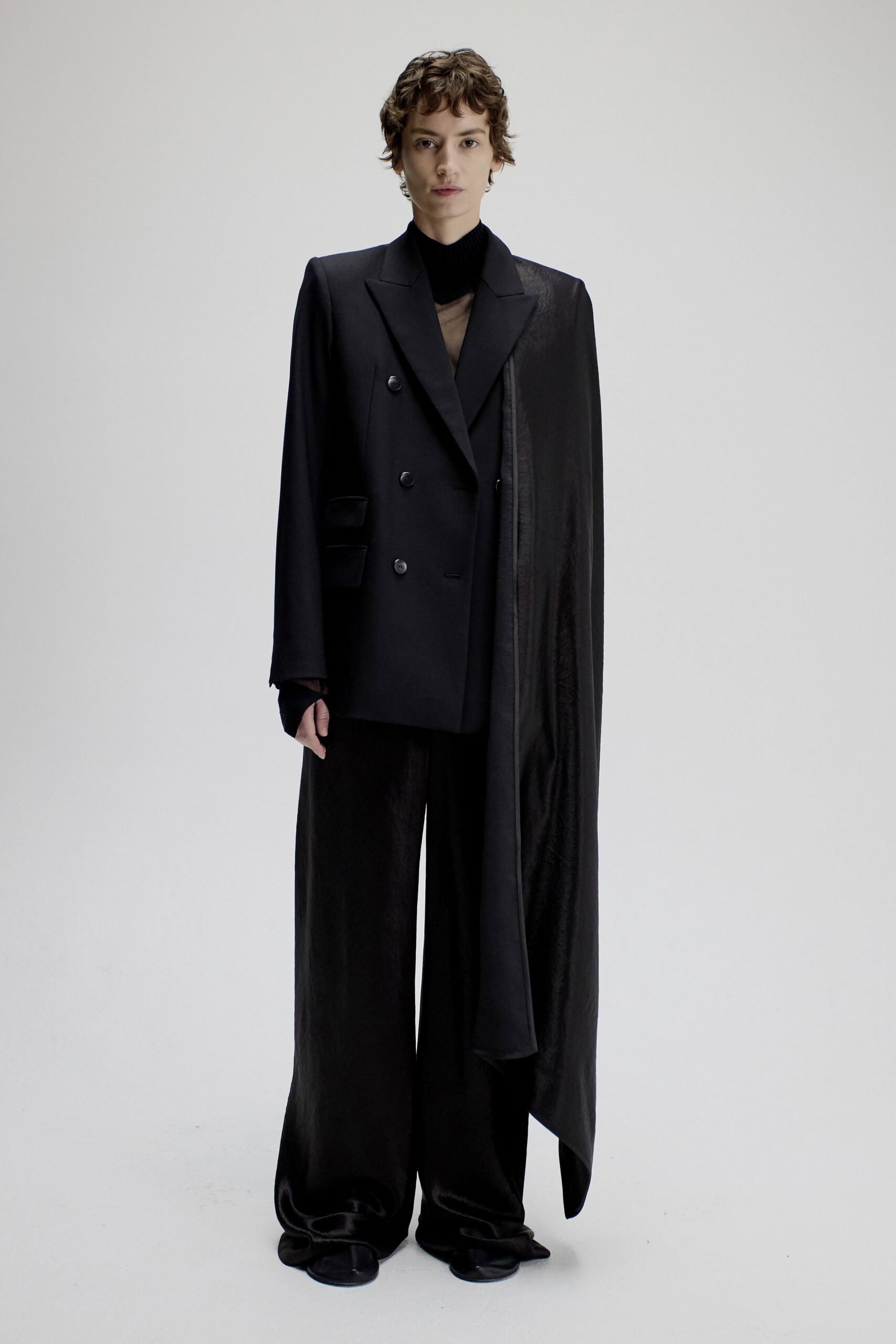 black silk long-sleeve collared structured blazer