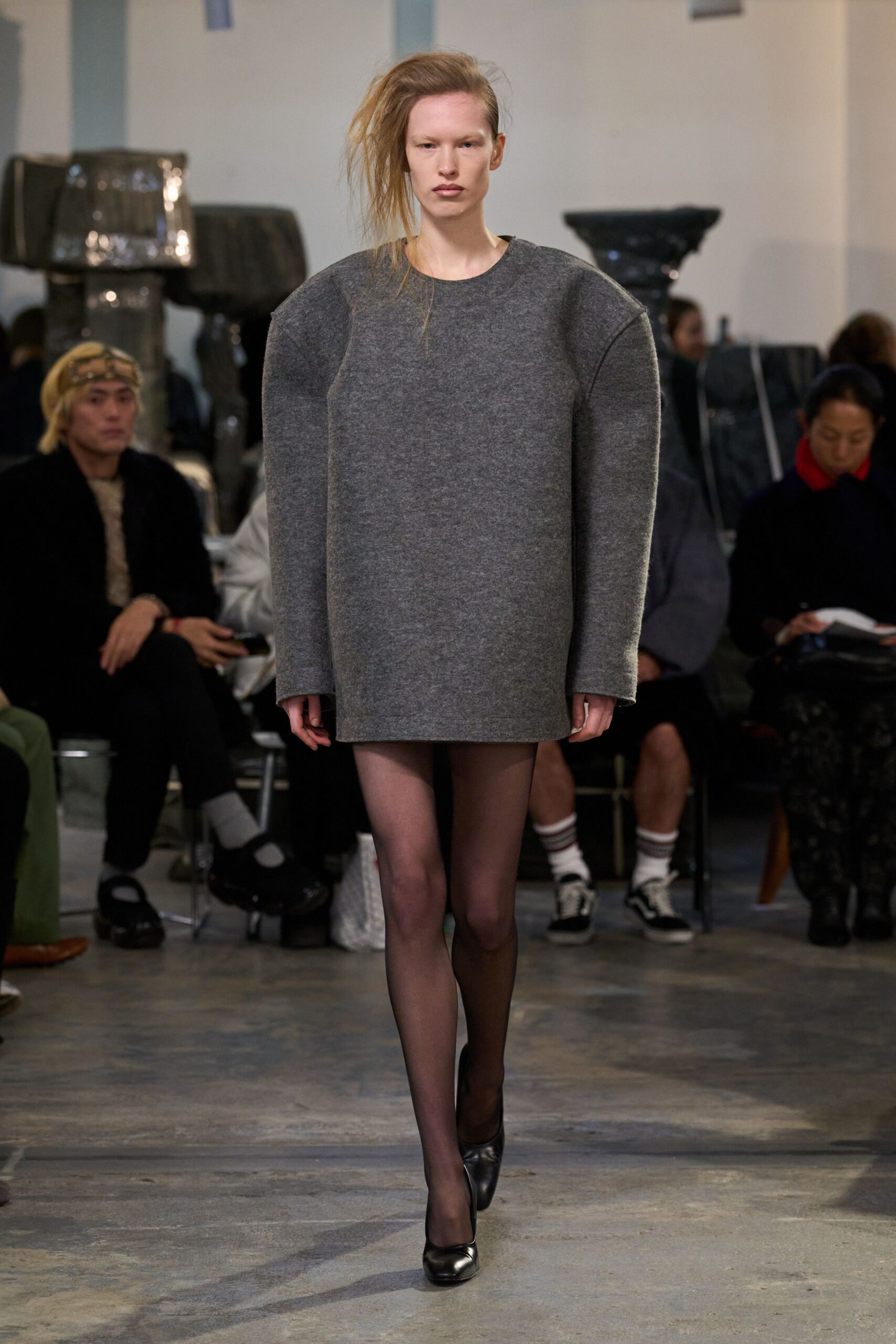 gray wool long-sleeve collared oversized straight-leg short dress