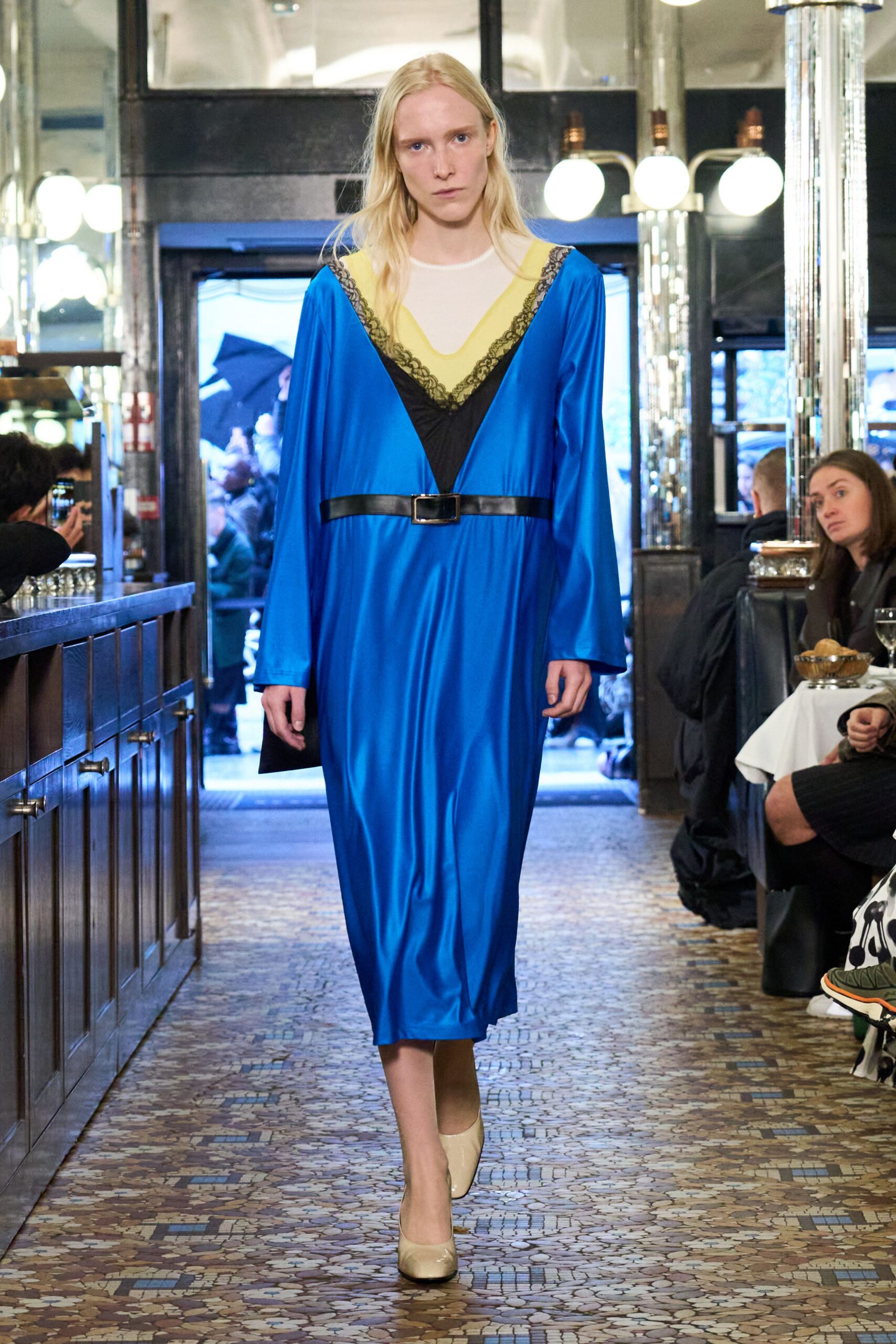 blue silk midi dress with belt