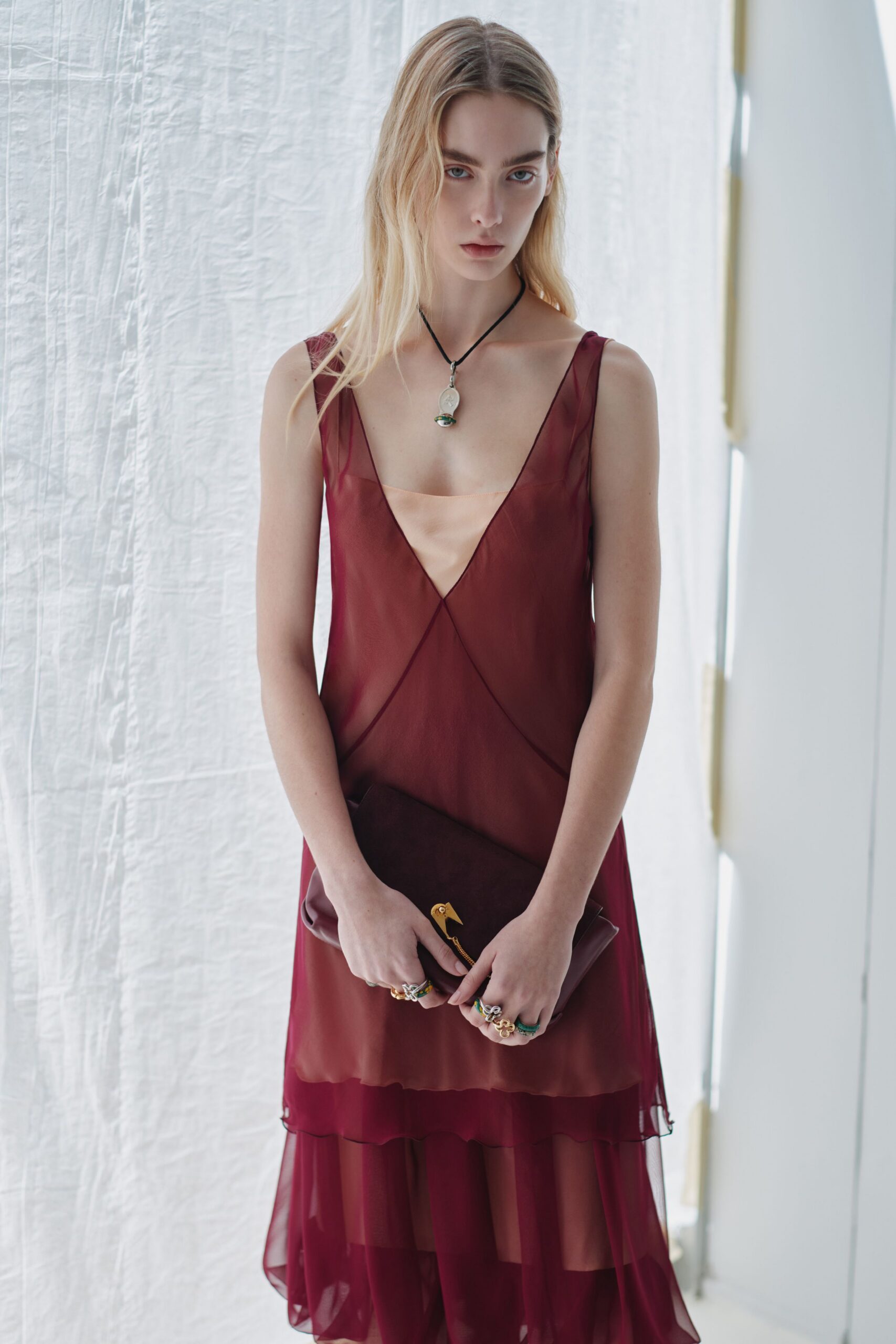 red silk sleeveless v-neck fitted layered sheer dress