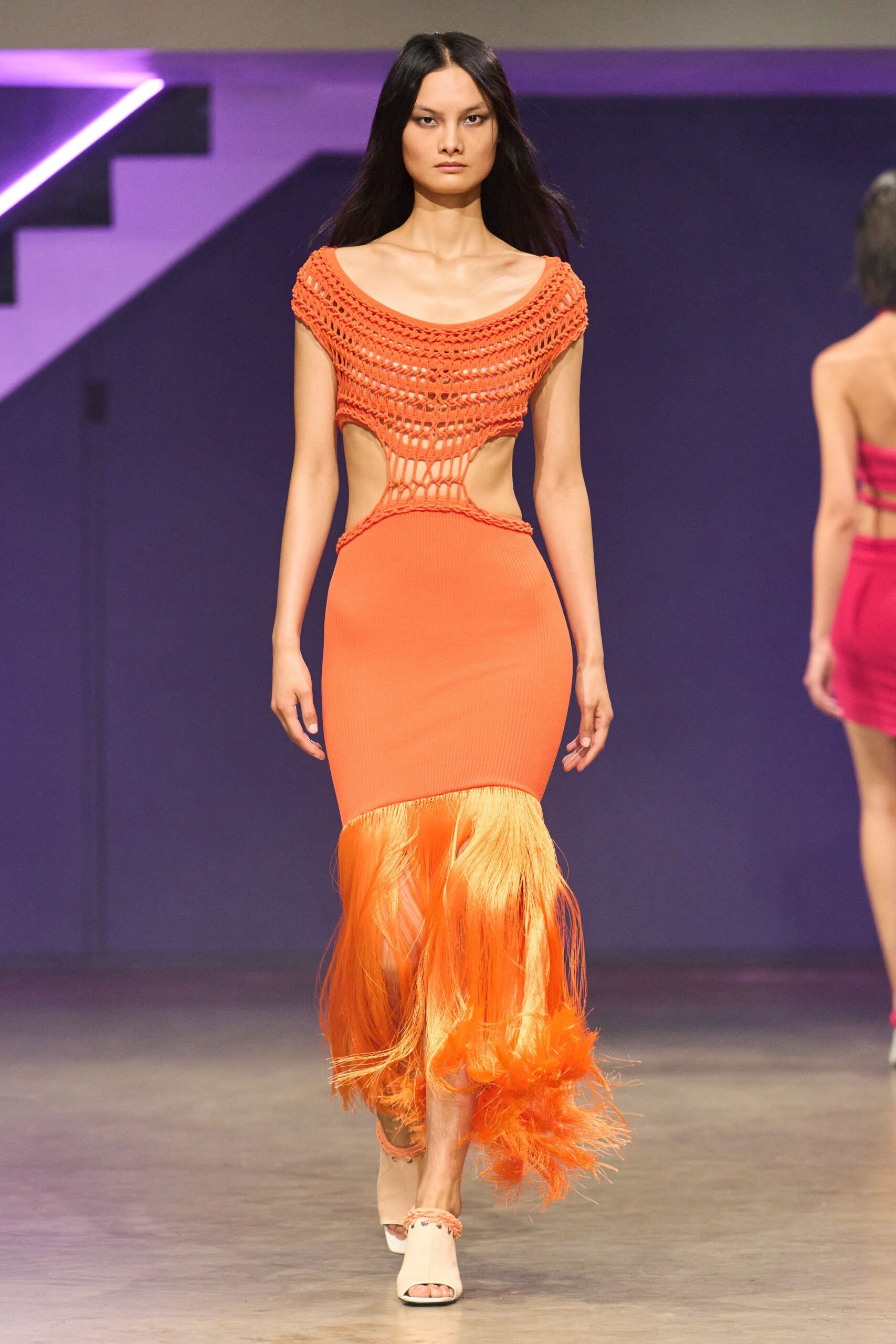 orange fitted midi dress with cutouts