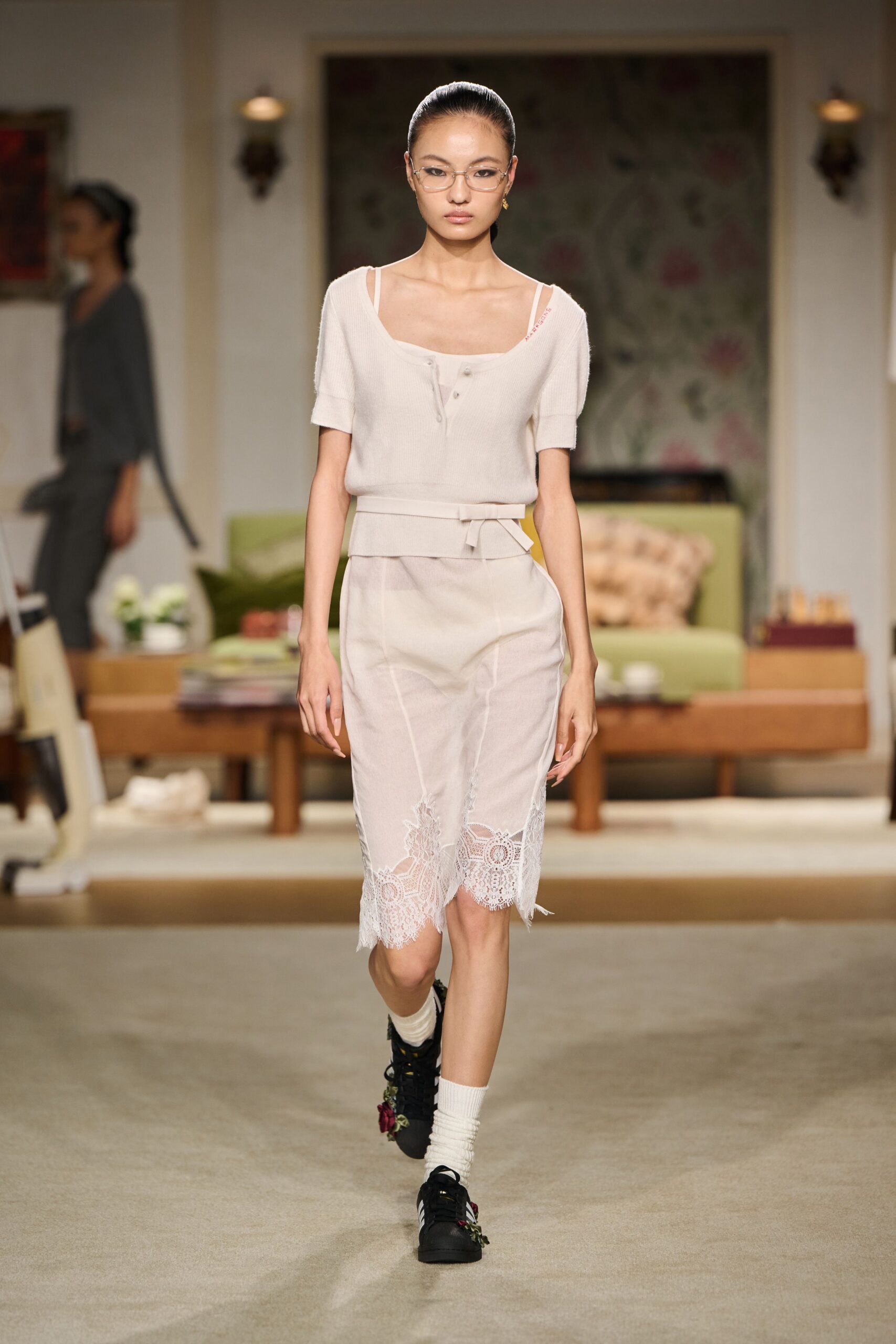 beige cotton short-sleeve v-neck fitted layered embroidered dress