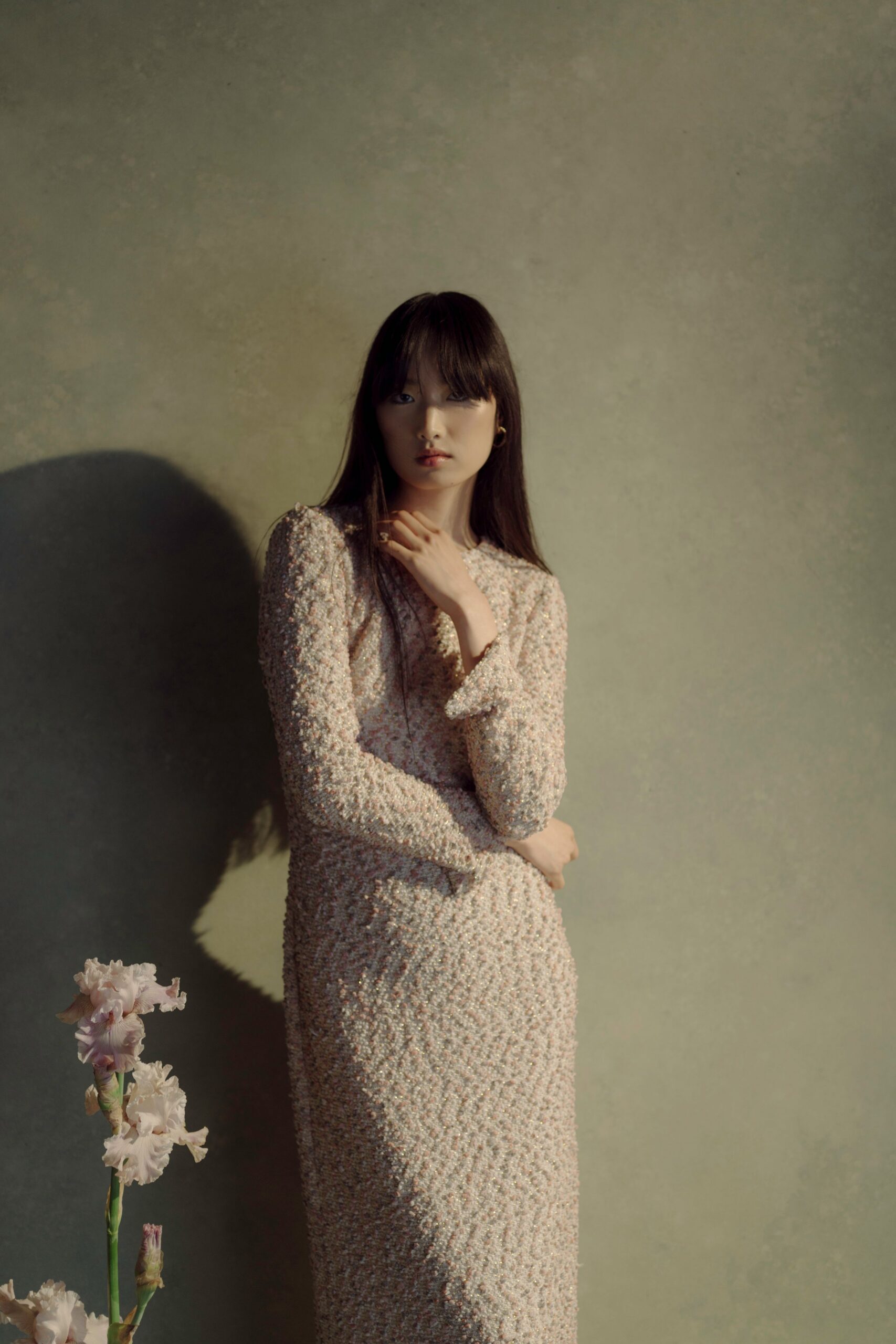 pink embroidered long-sleeve dress